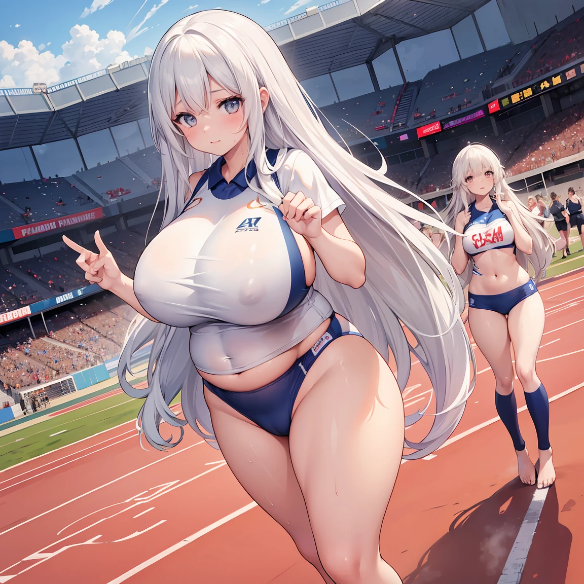 3 girls,long white hair,Track and field uniform,barefoot,extremely huge,in the stadium,Sweating,Plump figure,Thick thighs,sprint race ,