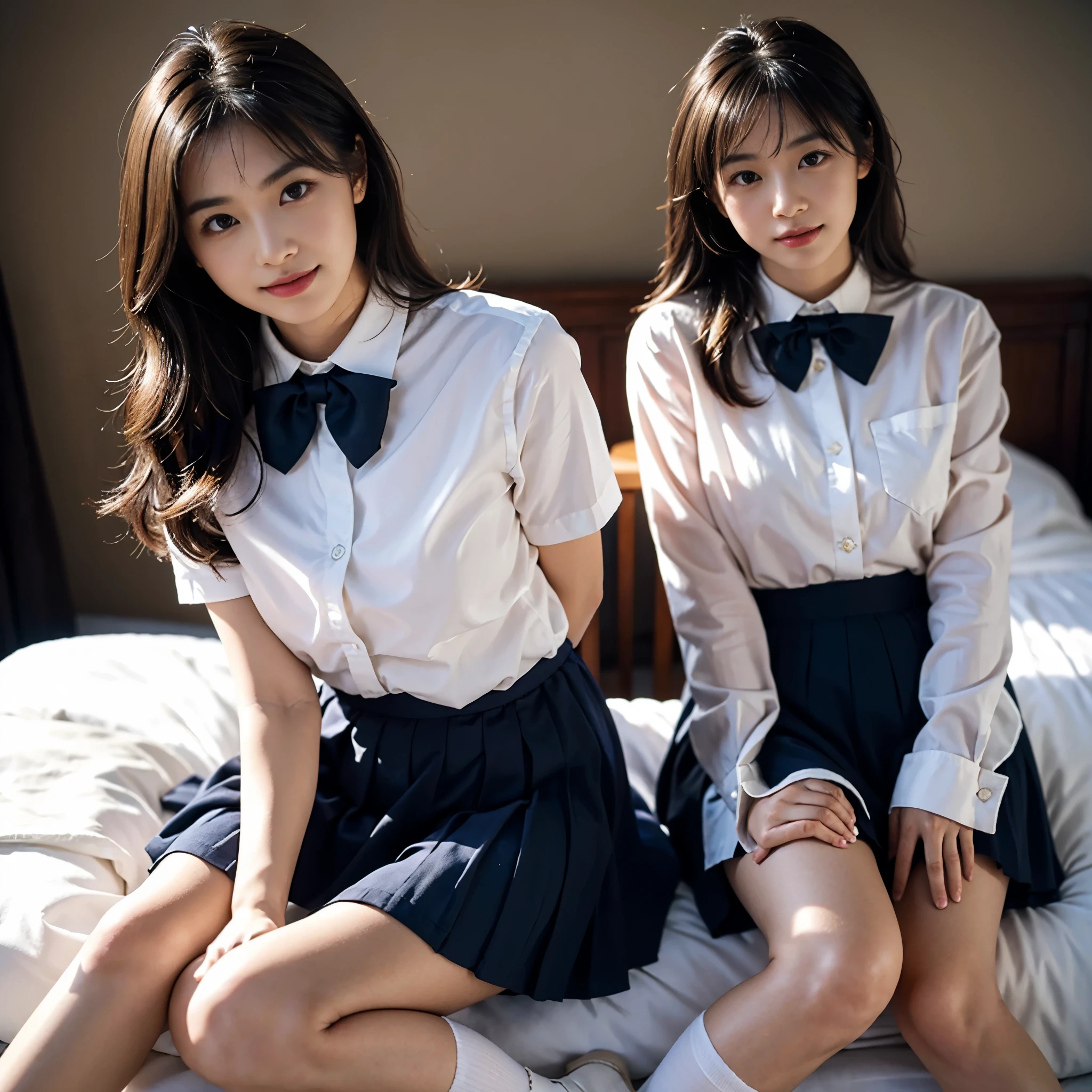 8K quality,(Photoreal: 1.4), (Hyperrealistic: 1.4), (lifelike: 1.3), (Smooth lighting: 1.05), (Improved Cinematic Lighting: 0.9), 32K, (In a dimly lit room),light grin,(1 Japanese woman), Age 22 years old,Realistic lighting, Backlight, Face Lights, Ray tracing, (Bright light: 1.2), (Quality improvement: 1.4), ( Top quality realistic texture skin: 1.4), Fine Detailed Eyes, Detailed face, Fine quality eye, Dark brown eyes, Feeling a little shy,Feel optimistic and sunny(medium to large round),(Tired, Sleepy and Satisfied: 0.0), Pale light, White blouse, Bow tie, Navy blue skirt, Silk white ankle socks,(Not wearing anything),Shyly place your hands between your thighs,The edges roll up and wear out, Sit quietly on the bed