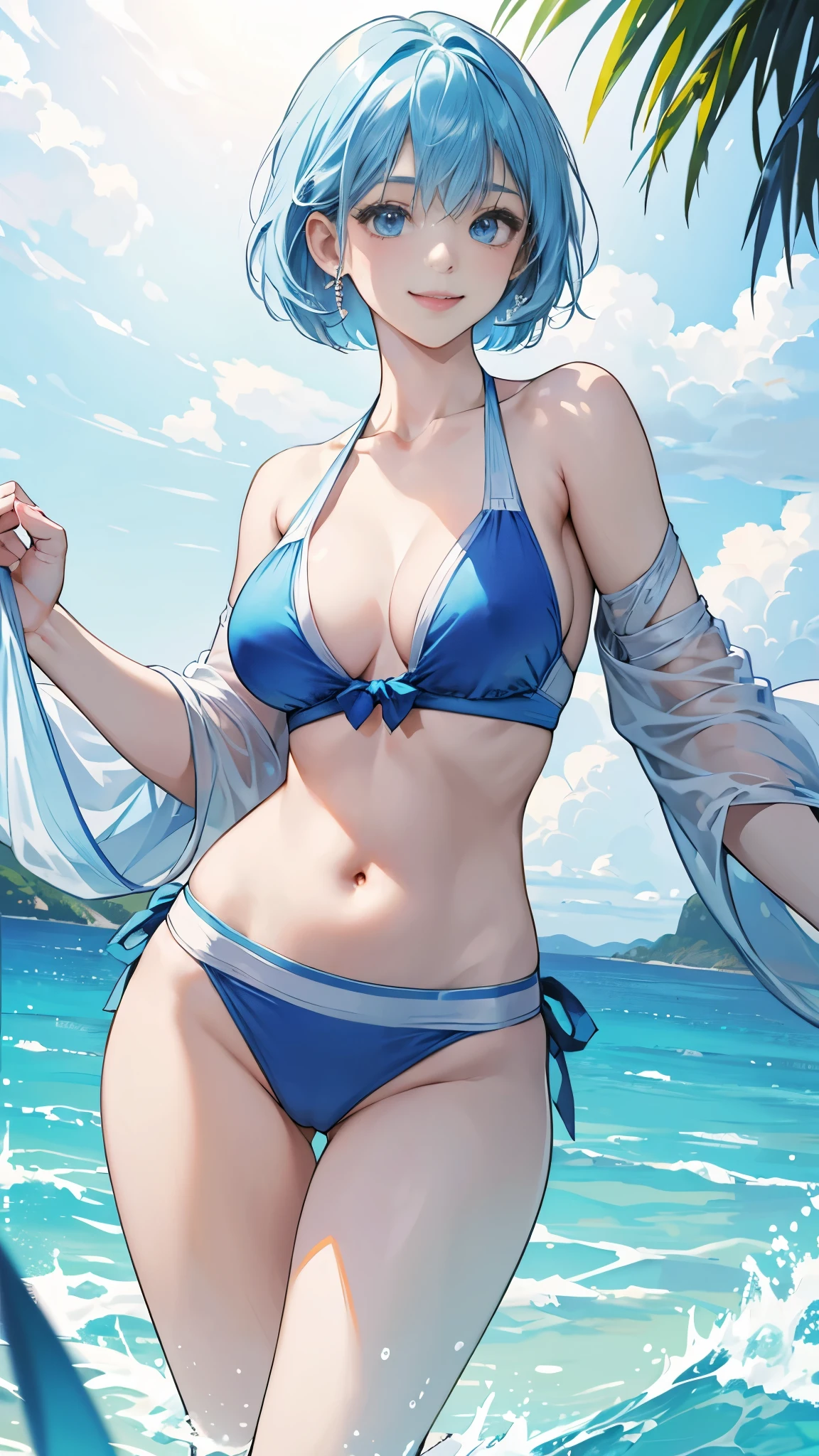 best image quality、highest quality、8K、upper body、thighs、light blue hair、bob hair、blue eyes、swimsuit、I can see your belly button、I can see your stomach、beautiful breasts、smile、closed mouth、