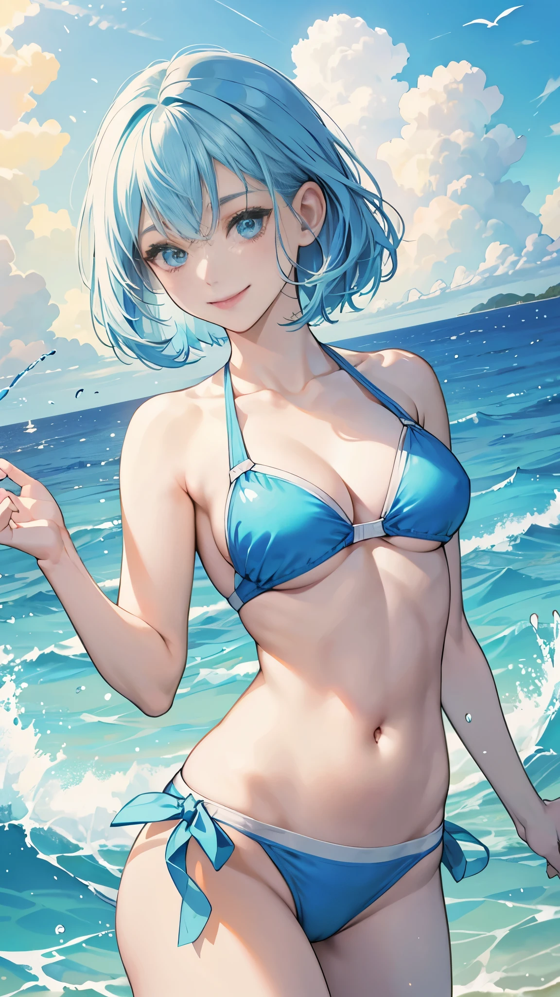 best image quality、highest quality、8K、upper body、thighs、light blue hair、bob hair、blue eyes、swimsuit、I can see your belly button、I can see your stomach、beautiful breasts、smile、closed mouth、