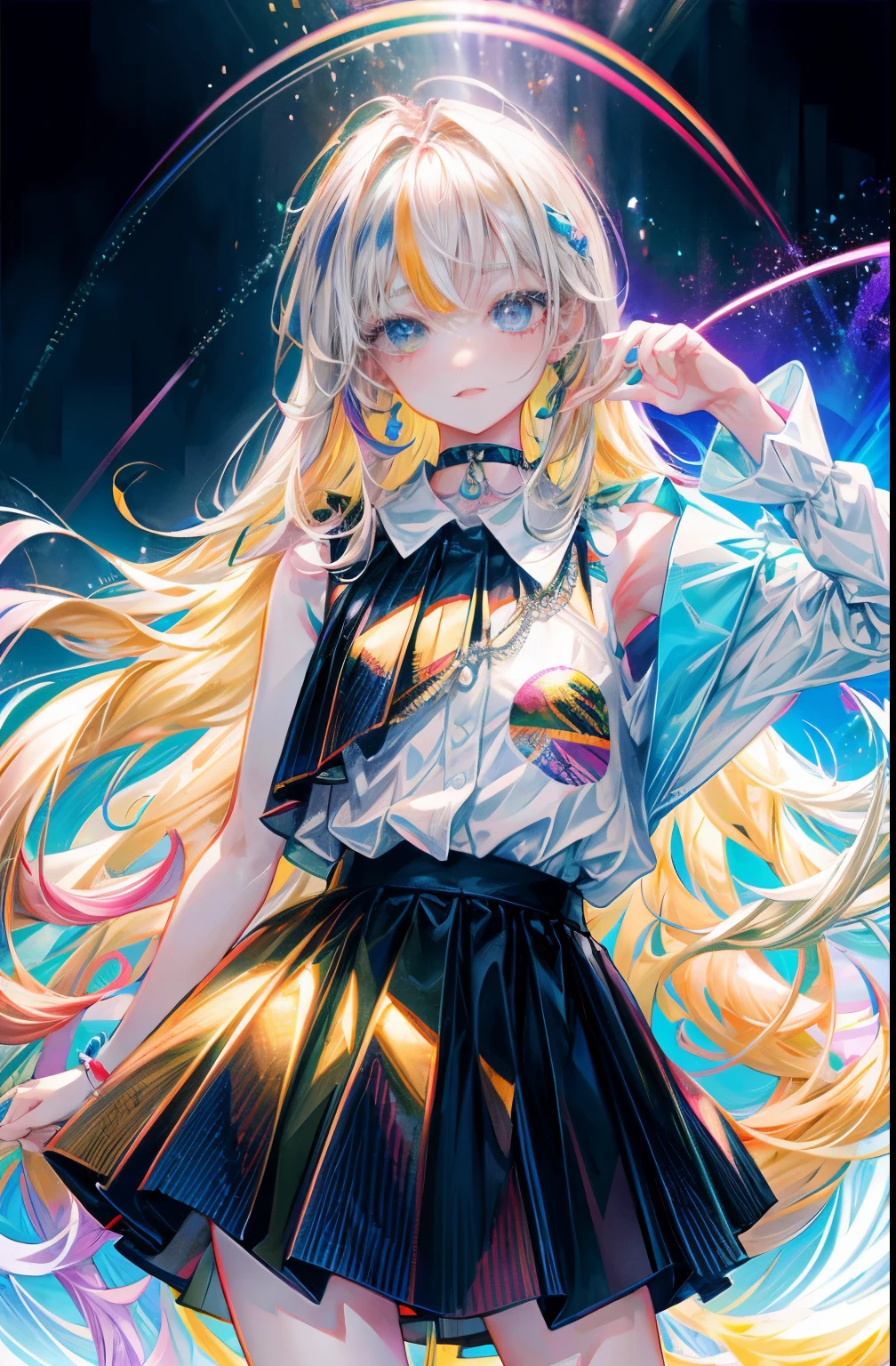 Rainbow on background、rainbow colors、Colorful、highest quality、Super high resolution、(photoreal:1.4)、Female 1 Person、Sleeveless white buttoned shirt、black skirt、black choker、cute、(Kpop Idle)、(charm:1)、(platinum blonde hair:1)、((puffy eyes))、look at the audience、Full body Esbian、facing the front