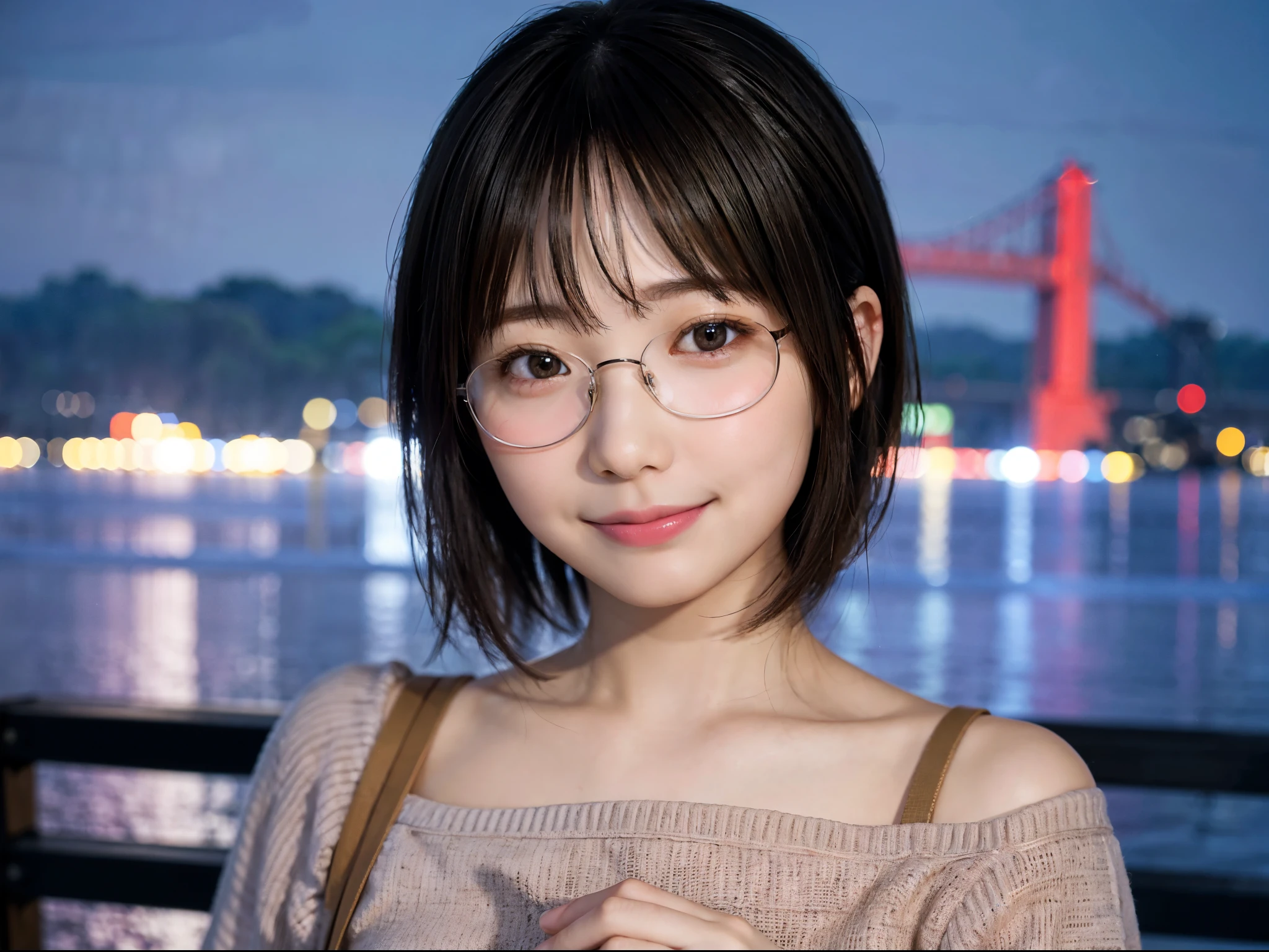 Japan girls in casual clothes、pay attention to your audience、Tokyo cityscape at night、(highest quality、master masterpiece)))、HD fine、very detailed、master masterpiece、movie lighting、(8K、highest quality、master masterpiece:1.2)、(realistic、photoreal:1.37) high resolution、Super detailed、woman wearing glasses、Silent look、round glasses、Asian, cute, cute顔, alone, short hair 1.2, rough skin, Beautiful smile, Beautiful and detailed night sky, night scenery, movie lighting, Depth of the bounds written, lens flare light、On a date、(blush nose)、、(closed your mouth)small breasts、Beautiful eye for detail、(sweater:1.1)、(short hair:1.2)、floating hair nova frog style、