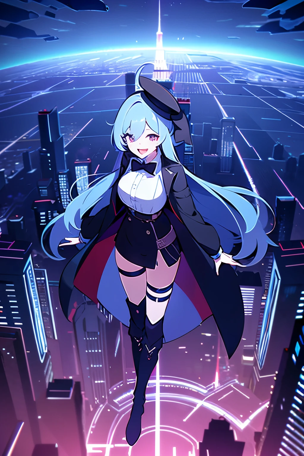 Anime girl in a black coat and hat flying over a city - SeaArt AI