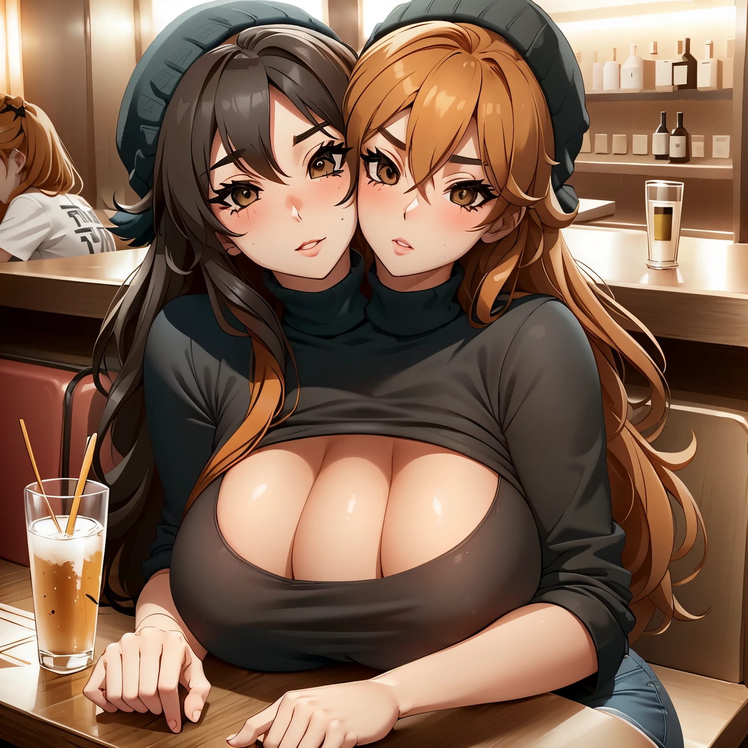 2 heads, a short thin woman with 2 heads. Sitting at a table in a bar. Clothed. Three boobs. Extremely huge breasts. Massive round fake boobs. Wearing tight t-shirt. Wearing jeans. Wearing beanie hat. Young. Happy. Thin face. Long messy orange hair. Sexy. Thick eyeliner. Ginger. Young. Girlfriend. Enormous breasts. Massive round fake tits. Baggy eyes. Blushing. Aroused. Blushing. In love.