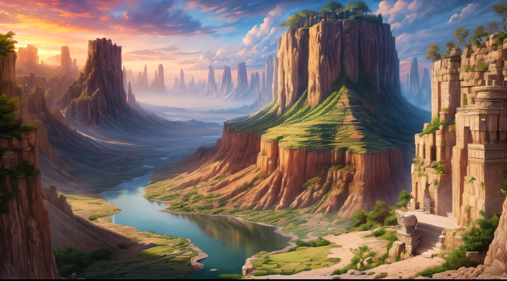 high details, Fantasy Poster, best quality, 8k, [ultra detailed], masterpiece, best quality, Photorealistic , dynamic angle, ultra wide shot, photorealistic, fantasy art, dnd art, rpg art, realistic art, an ultra wide picture of druid grove in a fantasy desert canyon and its druid warden observing all, a fantasy desert canyon (intricate details, Masterpiece, best quality: 1.5), (at sunset: 1.5), a stream of water (intricate details, Masterpiece, best quality: 1.5), waterfall (intricate details, Masterpiece, best quality: 1.5), human female druid, full body (intricate details, Masterpiece, best detailed: 1.5), exquisite beautiful woman druid (intricate details, Masterpiece, best detailed: 1.5), ultra detailed face (intricate details, Masterpiece, best detailed: 1.6), black hair, long hair, wavy hair (intricate details, Masterpiece, best quality: 1.5), dynamic eyes color, fair skin, wearing yellow cloak (intricate details, Masterpiece, best quality: 1.5), green robe (intricate details, Masterpiece, best quality: 1.5), cinematic light, pastoral atmosphere, divine light, gods rays, hyperrealistic, Photorealistic, 16k, RAW, award winning, [ultra detailed], masterpiece, best quality, (ultra detailed), full body, ultra wide shot, photorealistic,
