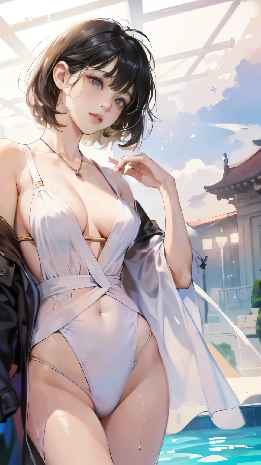 (8K、Live shooting、highest quality、Masseter muscle part:1.2)、super detailed、super resolution、(realistic、real pictures:1.37)、Portrait、High-definition RAW color photo、professional photography、hvery detailed and beautiful、very detailed、8K wallpaper、amazing details、huge file size、official art、Hvery detailed CG Unity 8K wallpapers、hvery detailed beautiful girl、very detailedな顔、very detailedな目、very detailedな肌、very detailedな指、hvery detailed nose、very detailedな詳細な口、perfect ???????、detailed background、Detailed service、((１people々Girls and strong guys１people))、(20:1.2)、20th generation、pretty girl、realistic body、petite、white skin、glowing skin、Because I'm slender、black haired、((Straight and shorthair))、((Shaggy hair))、(messy bangs: 1.4)、cute face、real-looking face、delicate eyes、Drooping eyes、((by the pool))、((A man and a woman soaking in the pool up to their waists))、(((黒のビキニを着たwoman)))、(((womanの胸が露出している)))、((????? man from the waist down))、((she has her arms crossed behind her head.))、((woman'hands are delicate and beautiful))、((standing posture))、((後ろからwomanをハグする男性、womanの胸をつかむ))、((man with all back hair１people))、((男性の首に置かれたwomanの腕))、((womanは振り返って男性にキスします))、((???? bose))、Ear ?????? Ring、necklace、cowboy shot、((Landscape))、contrapo、dynamic lighting、((B cup with firmness))、((cleavage))、((small and beautiful pink ??????,,,,,,,,,,,,,,,,,))、((look behind you))、((Expressions that endure pain))、