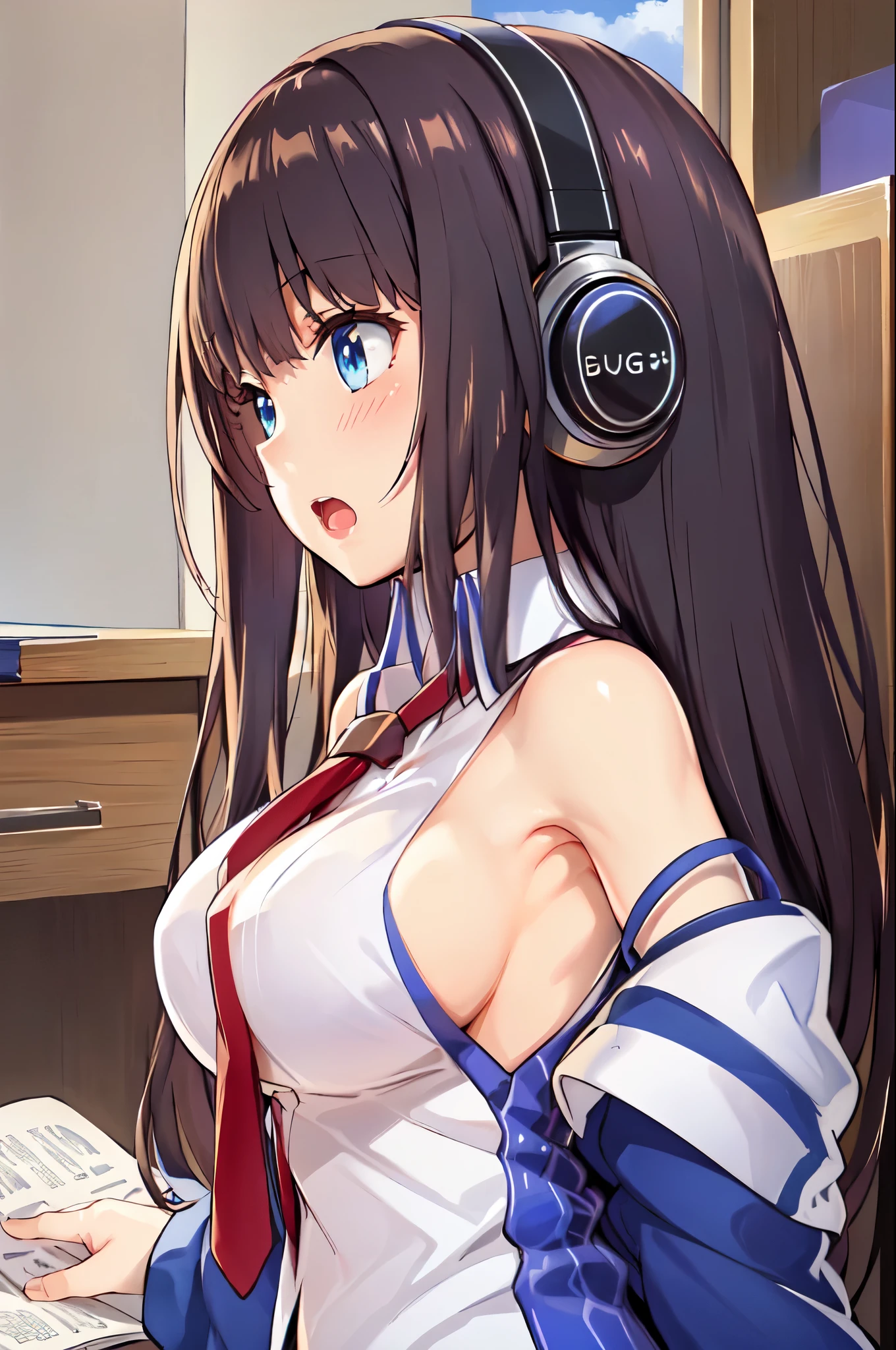 (masterpiece), (best quality), (ultra-detailed), photorealistic, (best illustration), ((an extremely delicate and beautiful)), 1girl, solo, nagashimakai, upper body, wide shot, blue coat, open coat, collared shirt, sleeveless shirt, bare shoulders, necktie, headphones, , g, 1, off shoulder, ultra-detailed, finely detailed, from side, looking back, clothes writing, open mouth, blush, (very huge breasts),( sideboondoors, bookshelf, book, sunlight, sleeves past fingers,
