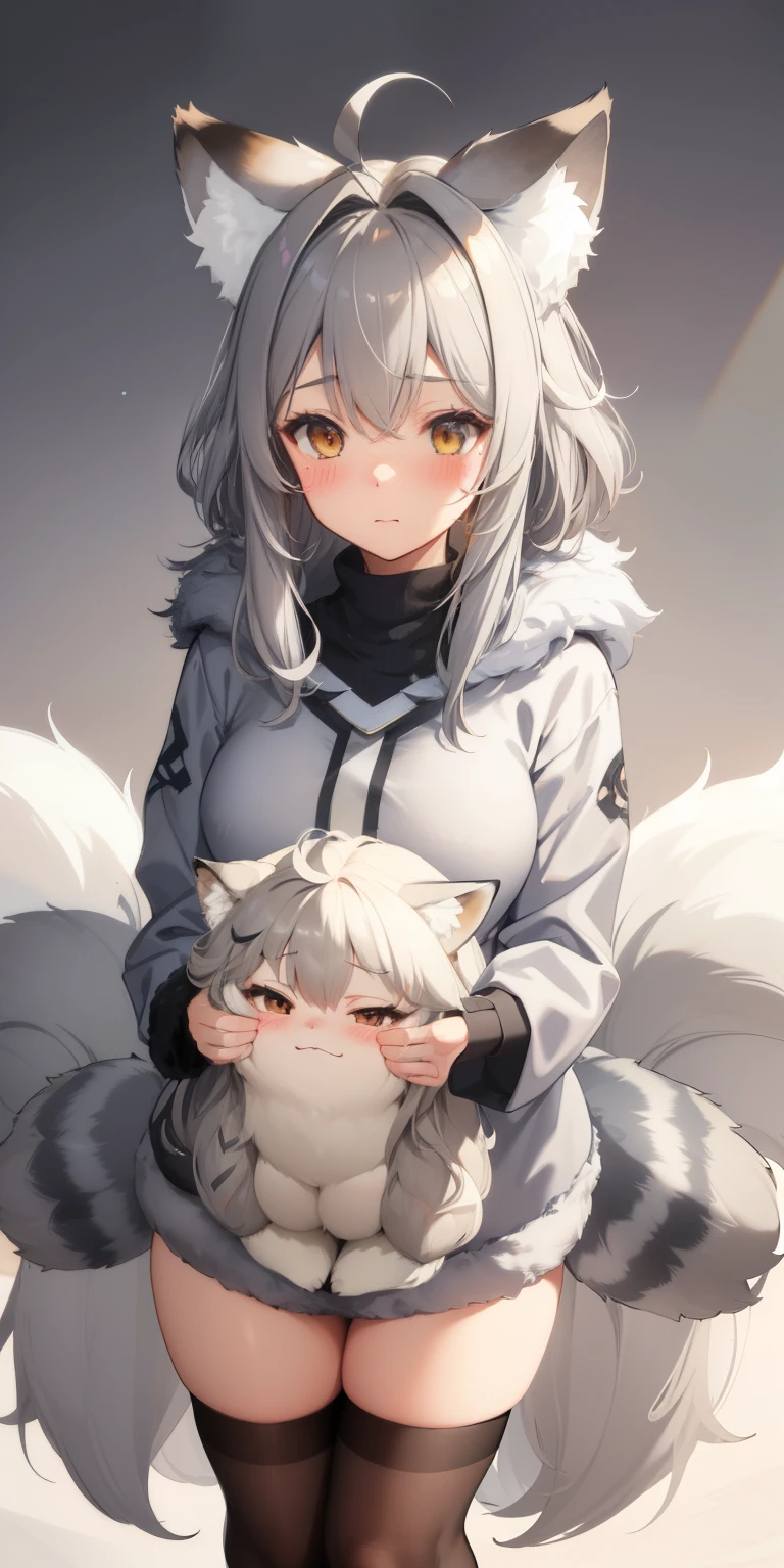 (sketch drawing), (ancient art style), (1 girl), (blushing cheeks), (fox ears), (gray hair), (thick fluffy hair), bangs, highlights, (light effect and shadow on hair), (medium hair), (coarse gray fur pallas cat coat), ((cold)), breasts, legs, thighs, (long sleeves)