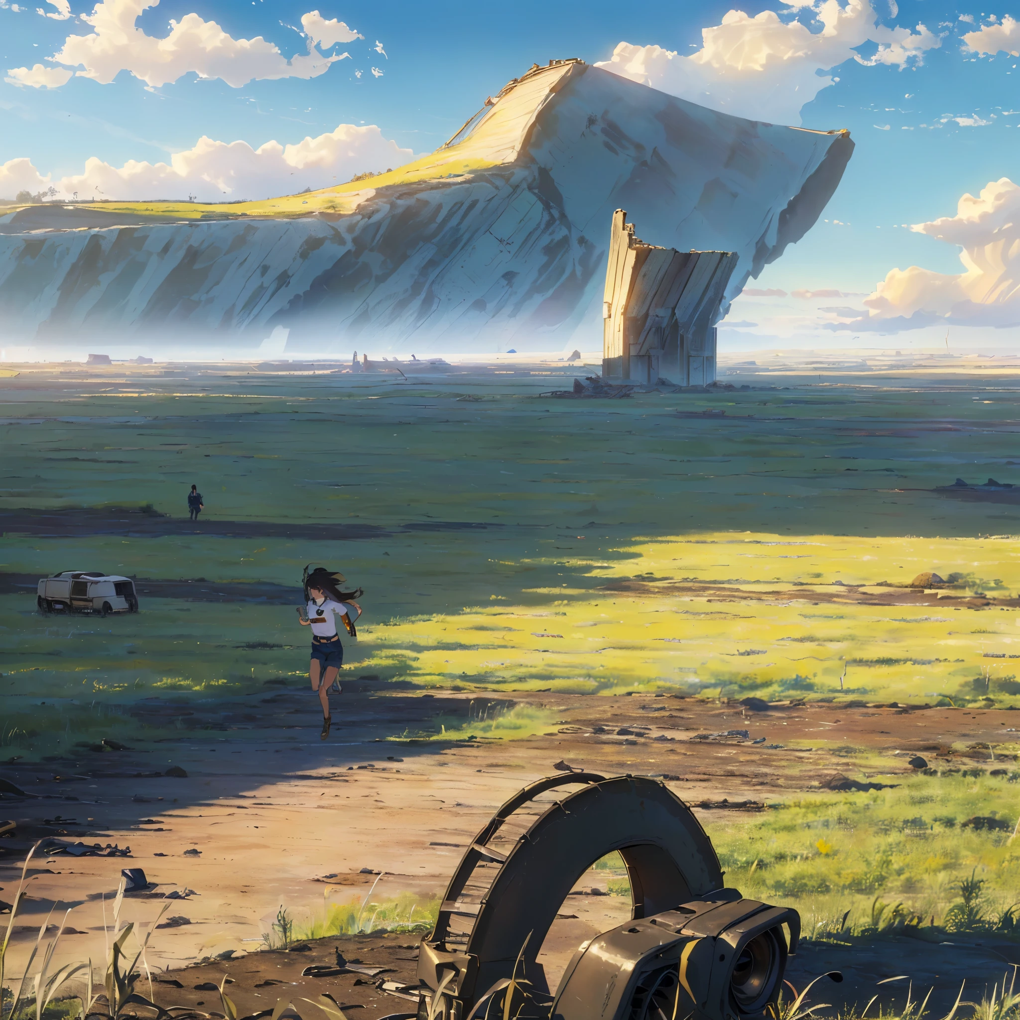 (Best quality, 8k, 32k, Masterpiece, UHD: 1.2, ray tracing: 1.2, real: 1.2), 1girl, (side: 1.5), Yellow Short Sleeves, denim shorts, sneakers, Savannah in the background, (Prairie, Long Range, Running on the prairie: 1.5), road works sign in the foreground, blue sky, white clouds, (((post apocalyptic wasteland)))