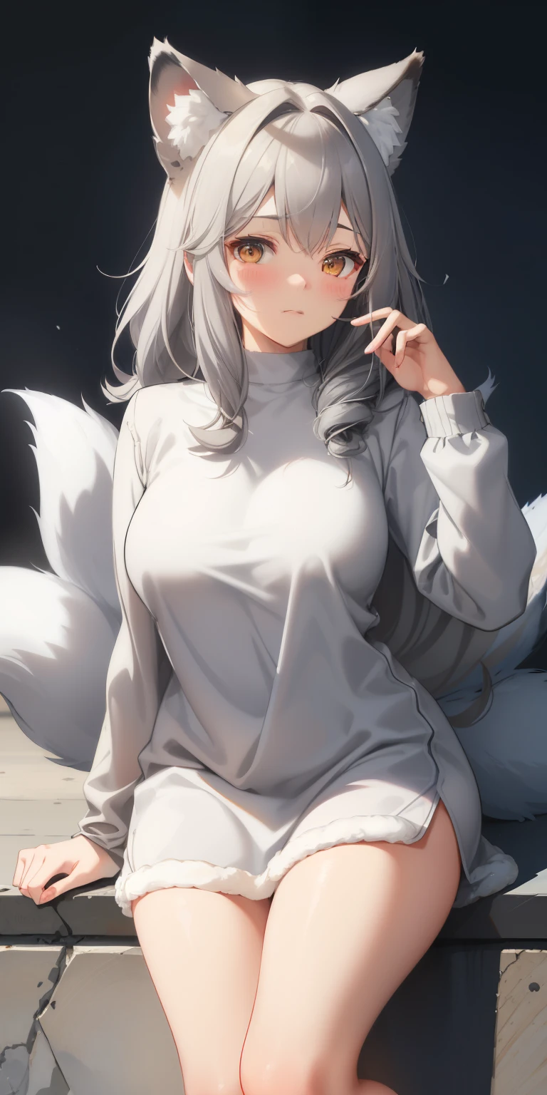 (sketch drawing), (ancient art style), (1 girl), (blushing cheeks), (fox ears), (gray hair), (thick fluffy hair), bangs, highlights, (light effect and shadow on hair), (medium hair), (coarse gray fur pallas cat coat), ((cold)), breasts, legs, thighs, (long sleeves)