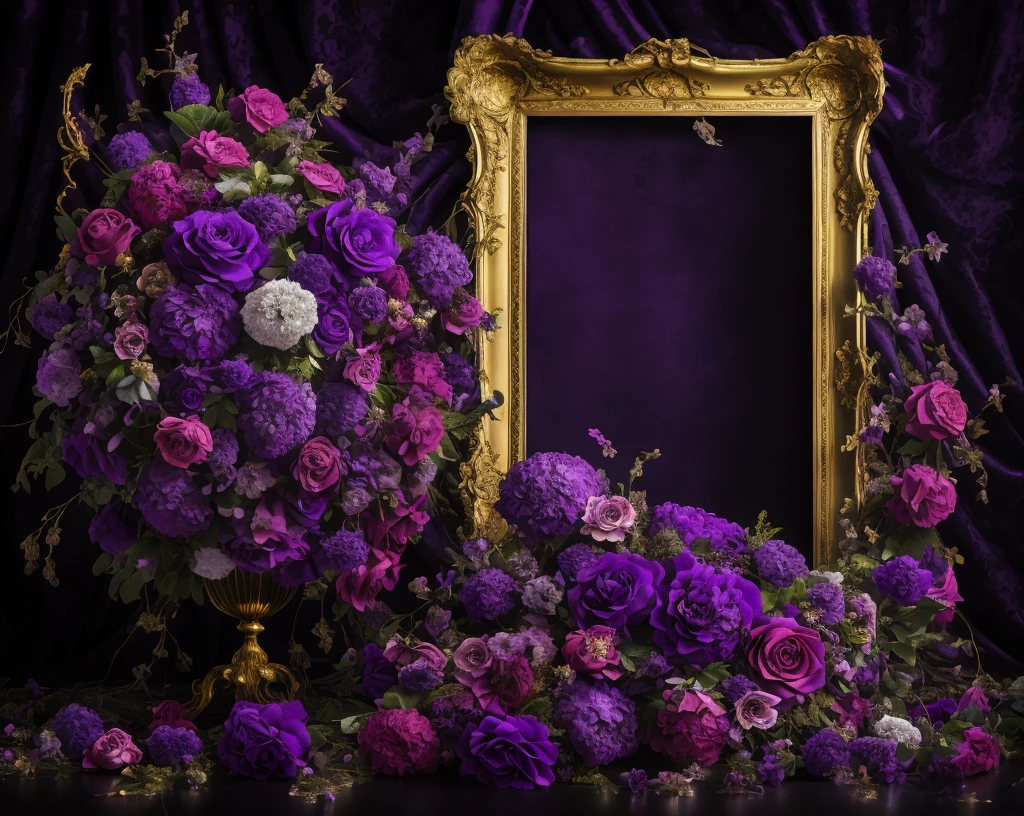 purple and purple flowers are arranged in a gold frame, stunning arcanum backdrop, baroque style painting backdrop, draped in velvet and flowers, still life photo of a backdrop, flowers. baroque elements, dark vignette, ornate backdrop, mystical baroque, floral environment, dreamy atmosphere and drama, gothic antique theme, dark and moody colors, rich deep moody colors