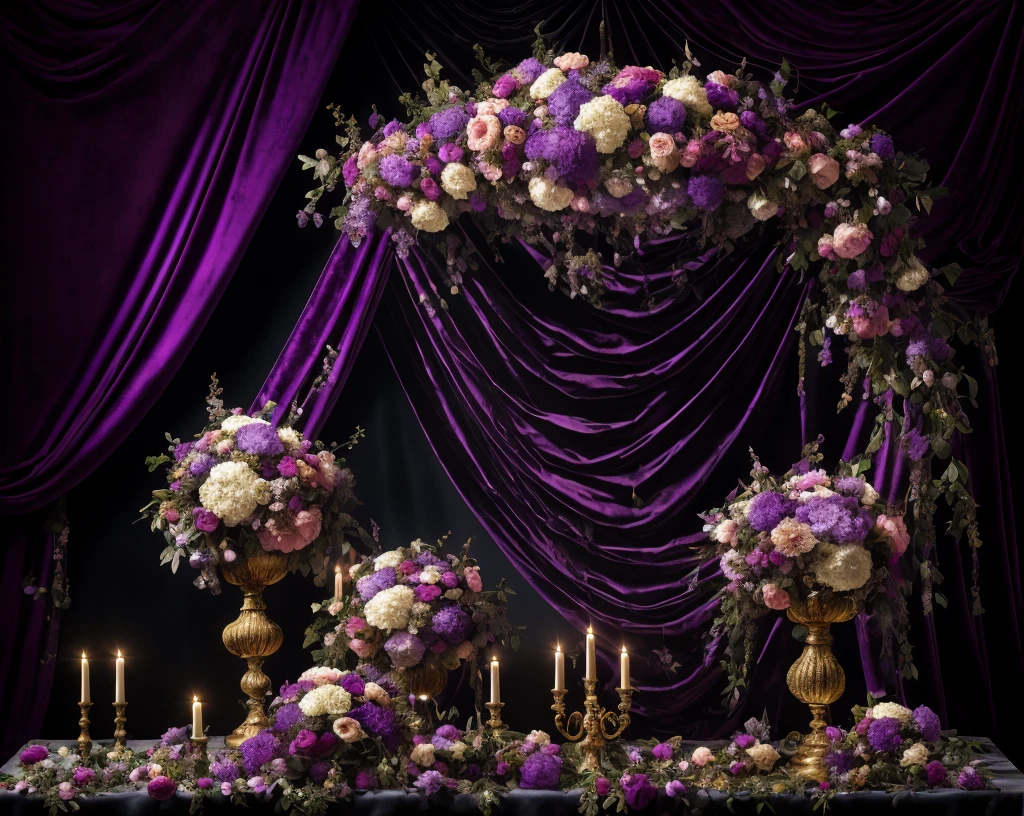 purple and purple flowers are arranged in a gold frame, stunning arcanum backdrop, baroque style painting backdrop, draped in velvet and flowers, still life photo of a backdrop, flowers. baroque elements, dark vignette, ornate backdrop, mystical baroque, floral environment, dreamy atmosphere and drama, gothic antique theme, dark and moody colors, rich deep moody colors