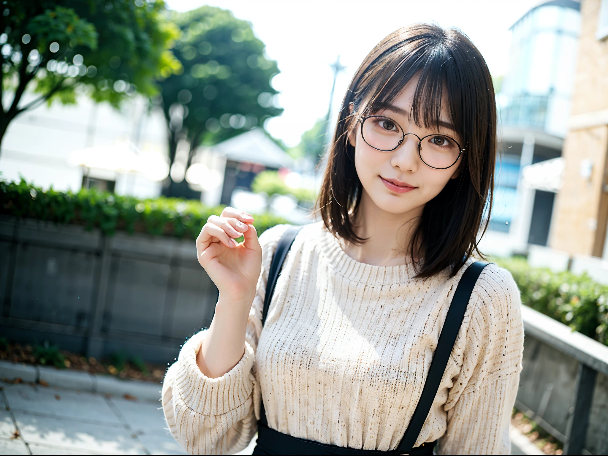 Woman posing on street corner in casual clothes、highest quality、1 girl、small box、Day、bright、blur background、Bokeh、outside the house、(Street style:0.8)、woman wearing glasses、thin frame glasses、round lens glasses、thin gold glasses frames、sweater:1.5、水色のsweater:1.2、blue clothes:1.5)、luxury(short hair、amount:1.2)、Beautiful sky drawn in detail、(dynamic pose:1.2)、 (upper body:0.5)、soft lighting、Wind、glowing skin、laughter、