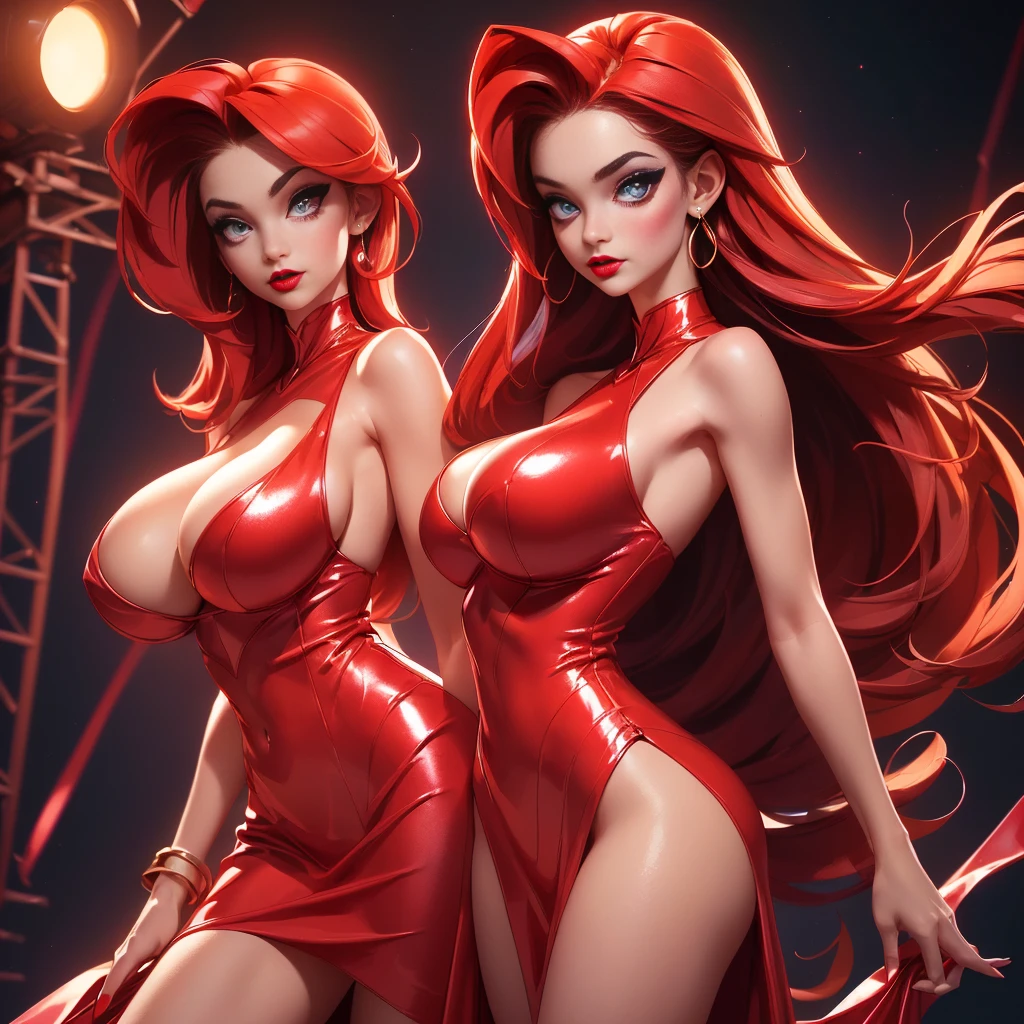 ((full body)) ((beautiful and sexy tall super model))((long straight red hair)) ((very huge breast:1.5)) ((posing sexy for the camera photoshot on a stage, dark athmosphere, soft lights, with bulleyes reflctors on her)) ((perfect toned body:1.3)) ((wears tight long red glittered shining dress with deep neckline)) ((Ultra details)) ((photo realistic:1.4)),((high definition:1.4)) ((masterpiece:1.4)) (8k) ((big bright blue eyes)), (dark eyeshadow make up)((bright red lipstick)) (())