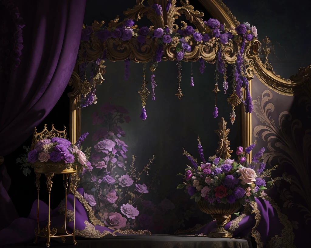 purple and purple flowers are arranged in a gold frame, stunning arcanum backdrop, baroque style painting backdrop, draped in velvet and flowers, still life photo of a backdrop, flowers. baroque elements, dark vignette, ornate backdrop, mystical baroque, floral environment, dreamy atmosphere and drama, gothic antique theme, dark and moody colors, rich deep moody colors