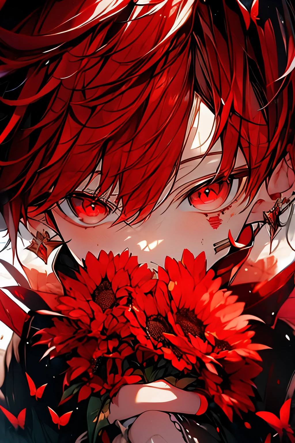 (muste piece), (highest quality), very detailed, 1 boy, focus only,perfect face, beautiful face, very detailed顔,(redhead:1.3),(red eyes:1.3),flower butterfly々,petal,Light,laughter