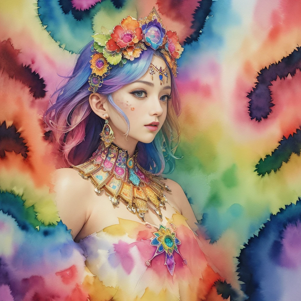 (masterpiece, highest quality, official art, beautiful and aesthetic:1.2), (one girl:1.3), (Kaleidoscope:1.2), very detailed, Colorful, Top Details, (watercolor painting:1.3), Light mixing, Playful patterns, lively texture, rich colors, ユニークな視覚効果 fractal art:1.3), Absolutely Fantastic, (fractal art:1.3)、