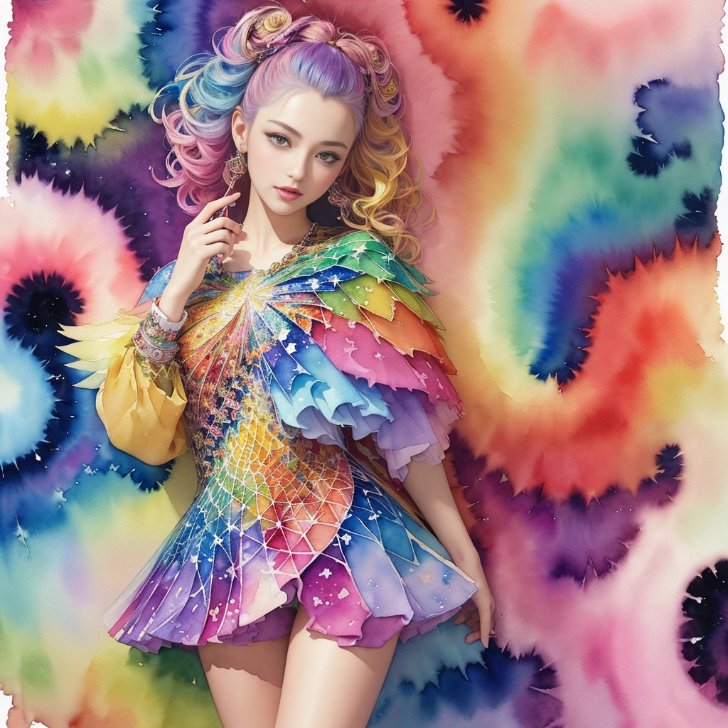 (masterpiece, highest quality, official art, beautiful and aesthetic:1.2), (one girl:1.3), (Kaleidoscope:1.2), very detailed, Colorful, Top Details, (watercolor painting:1.3), Light mixing, Playful patterns, lively texture, rich colors, ユニークな視覚効果 fractal art:1.3), Absolutely Fantastic, (fractal art:1.3)、