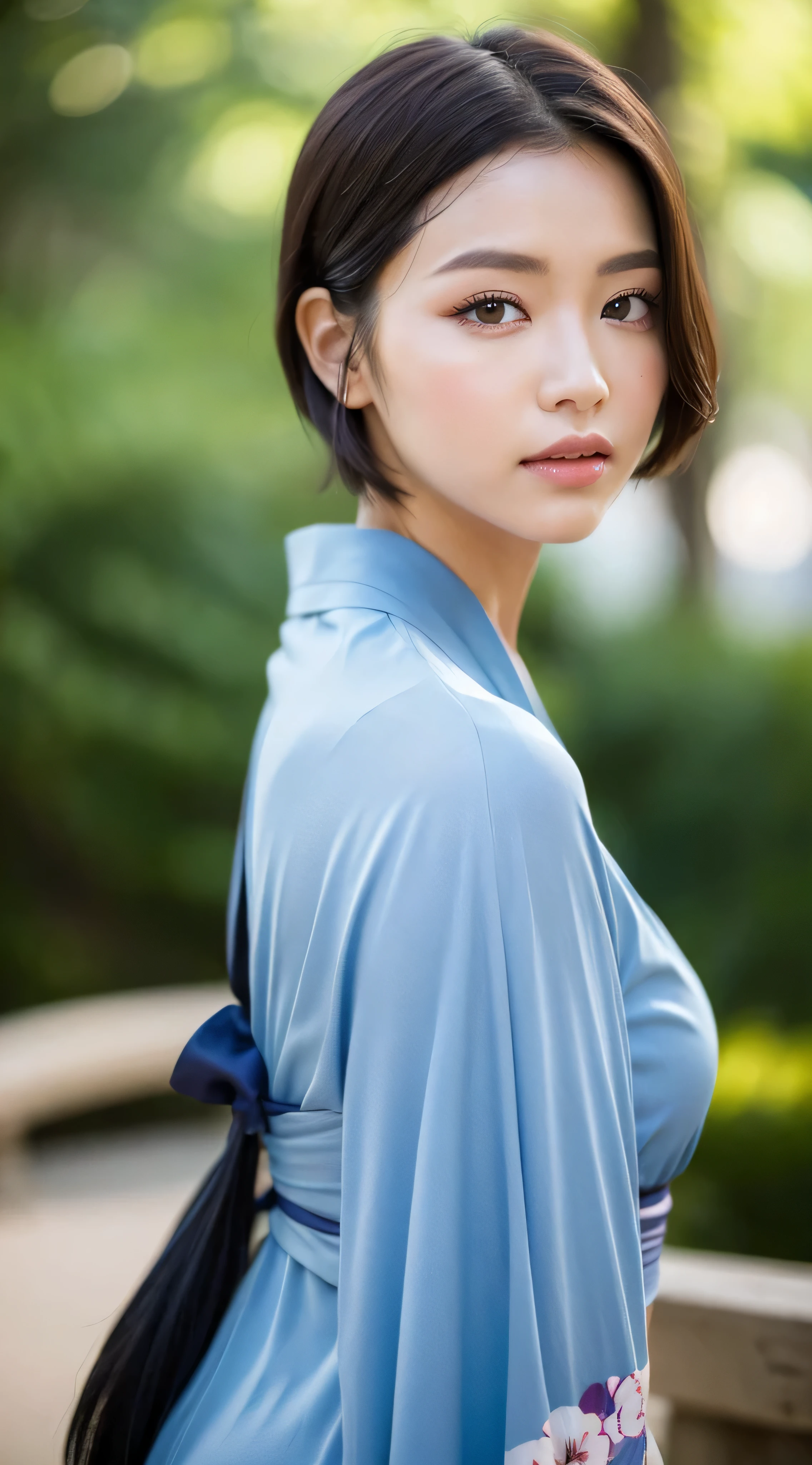 Female、White drool from the mouth、Short Hair Outdoor Fair Skin Disheveled Hair Super Cute、Soft and face、black hair、8K resolution、Super realistic、Super fine、 Soft body toned ass night、((Highest Definition、8k、masterpiece:1.3))、Super fineな顔、Super fineな唇、Fine eyes、double eyelid、kimono:1.1