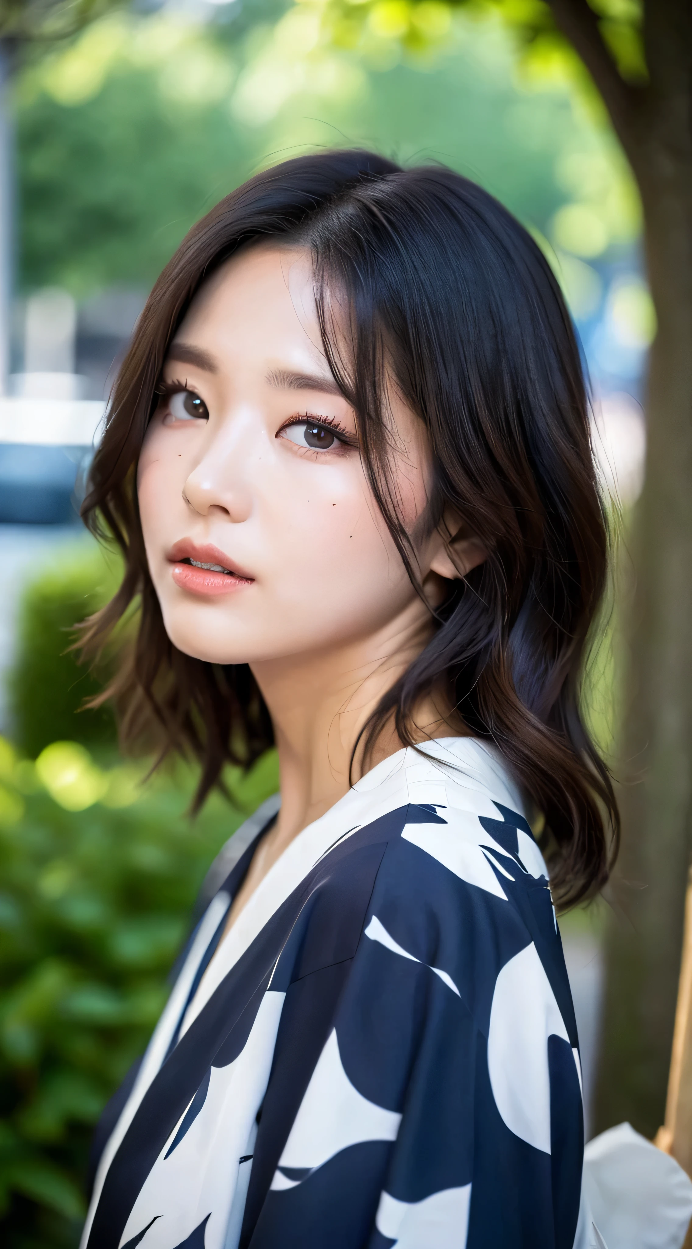 Female、White drool from the mouth、Short Hair Outdoor Fair Skin Disheveled Hair Super Cute、Soft and face、black hair、8K resolution、Super realistic、Super fine、 Soft body toned ass night、（（Highest Definition、8k、masterpiece：1.3））、Super fineな顔、Super fineな唇、Fine eyes、double eyelid、kimono:1.1