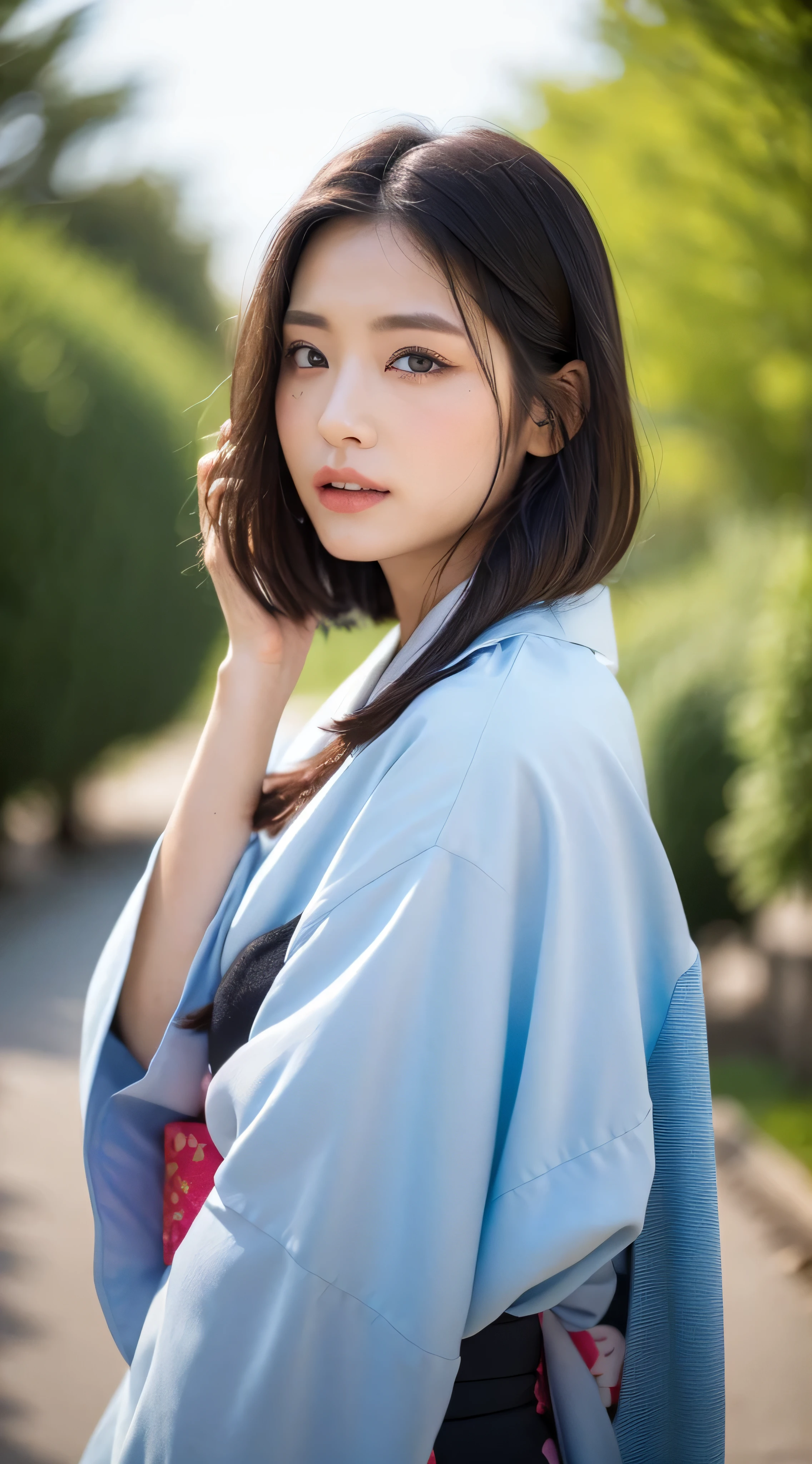 Female、White drool from the mouth、Short Hair Outdoor Fair Skin Disheveled Hair Super Cute、Soft and face、black hair、8K resolution、Super realistic、Super fine、 Soft body toned ass night、((Highest Definition、8k、masterpiece:1.3))、Super fineな顔、Super fineな唇、Fine eyes、double eyelid、kimono:1.1