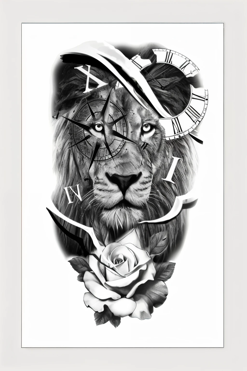 a close up of a lion with a clock on its face, desenho de tatuagem realismo, realism desenho de tatuagem, realism sketch tattoo, desenho de tatuagem sketch, concept desenho de tatuagem, medium sized sketch tattoo, desenho de tatuagem, sketch tattoo, desenho 3d para tatuagem, black and white detailed sketch, tatuagens de desenho de linha, sketch tattooes, high quality sketch art, 2d full body lion