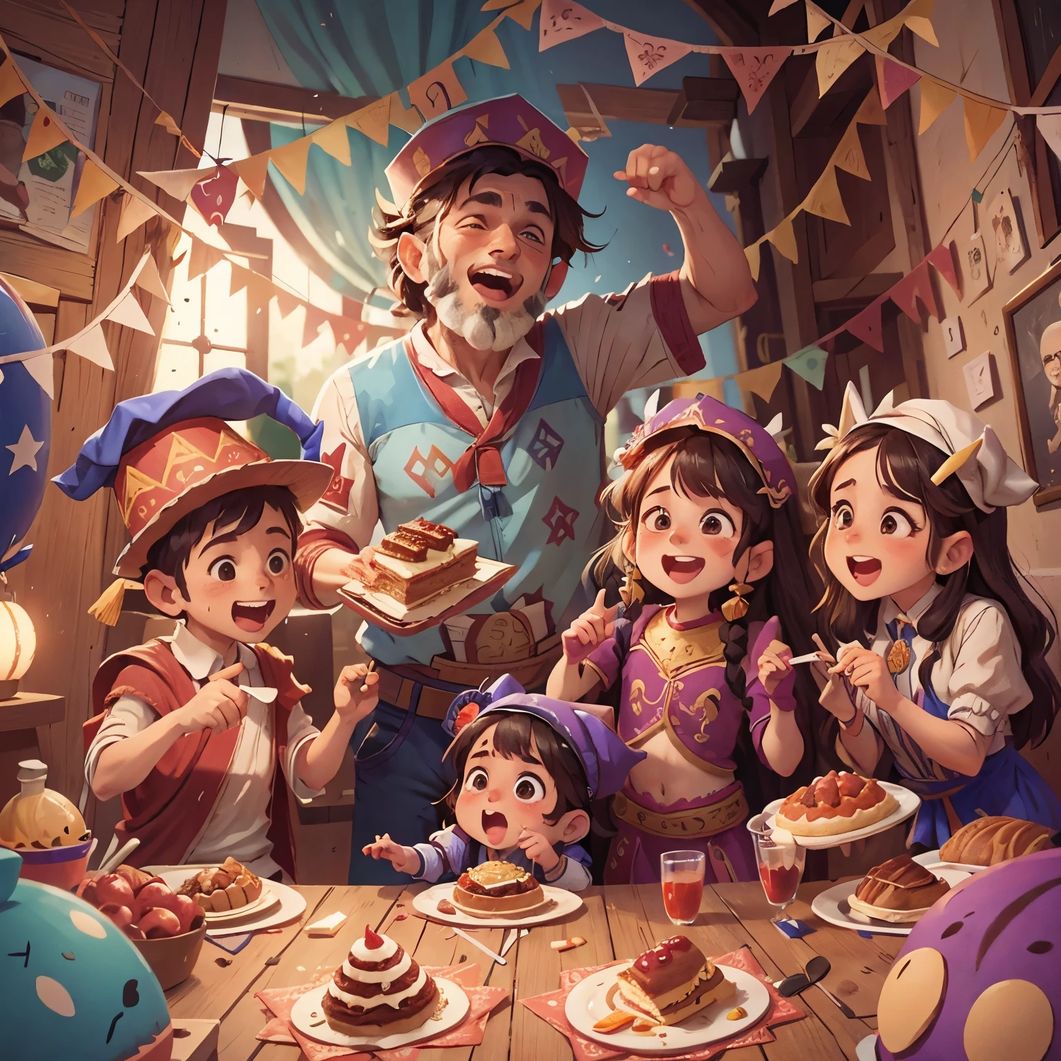 Purim, Jewish holiday, celebration, hide Jewish origins, sobrevivir, adultos felices, baile, comida, bufones, exterior, noche