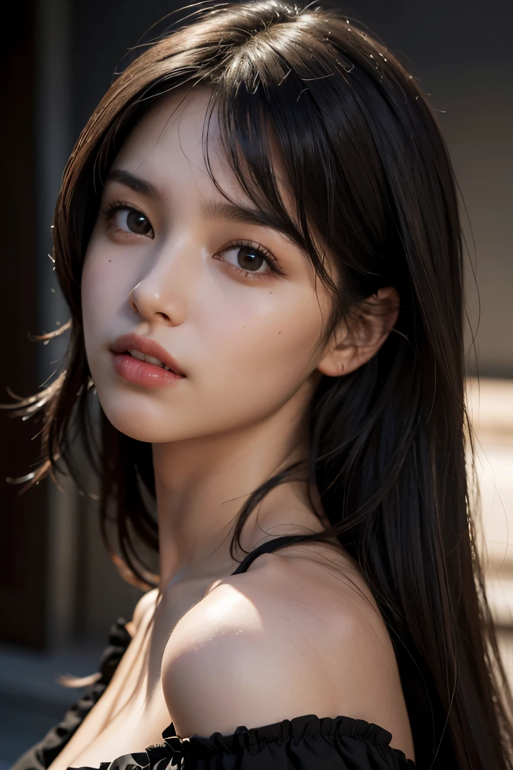 Best quality, masterpiece, ultra high res, (photorealistic:1.4), raw photo,1girl, solo, realistic, lips, black hair, looking at viewer, black eyes, teeth, long hair, hair over one eye, parted lips, nose, close-up, brown hair, background, brown eyes, black dress, off shoulder
