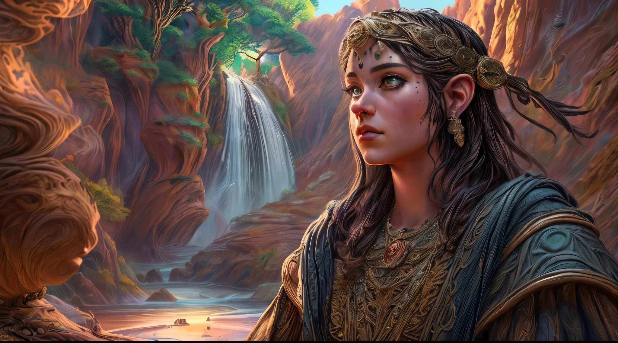 high details, Fantasy Poster, best quality, 8k, [ultra detailed], masterpiece, best quality, Photorealistic , dynamic angle, ultra wide shot, photorealistic, fantasy art, dnd art, rpg art, realistic art, an ultra wide picture of druid grove in a fantasy desert canyon and its druid warden observing all, a fantasy desert canyon (intricate details, Masterpiece, best quality: 1.5), (at sunset: 1.5), a stream of water (intricate details, Masterpiece, best quality: 1.5), waterfall (intricate details, Masterpiece, best quality: 1.5), human female druid, full body (intricate details, Masterpiece, best detailed: 1.5), exquisite beautiful woman druid (intricate details, Masterpiece, best detailed: 1.5), ultra detailed face (intricate details, Masterpiece, best detailed: 1.6), black hair, long hair, wavy hair (intricate details, Masterpiece, best quality: 1.5), dynamic eyes color, fair skin, wearing yellow cloak (intricate details, Masterpiece, best quality: 1.5), green robe (intricate details, Masterpiece, best quality: 1.5), cinematic light, pastoral atmosphere, divine light, gods rays, hyperrealistic, Photorealistic, 16k, RAW, award winning, [ultra detailed], masterpiece, best quality, (ultra detailed), full body, ultra wide shot, photorealistic,