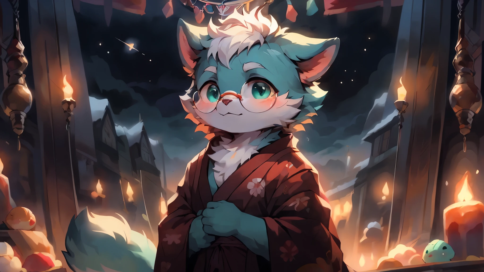 a portrait of a fully grown mature and aged  male cat with big round circle glasses and a red scarf, The cat is very tall. bushy tail, and perked-up fluffy big ears, one ear is lowered. He wears a fluffy warm and cozy kimono, a handsome cat fursona with teal fur color, the chest has white fur, white fur around his mouth and cheeks, medium-length white hair, fluffy black cat ears, and a fluffy white neck. He is looking up at the colorful starry sky, and in the background  an incredibly detailed background, detailed eyes