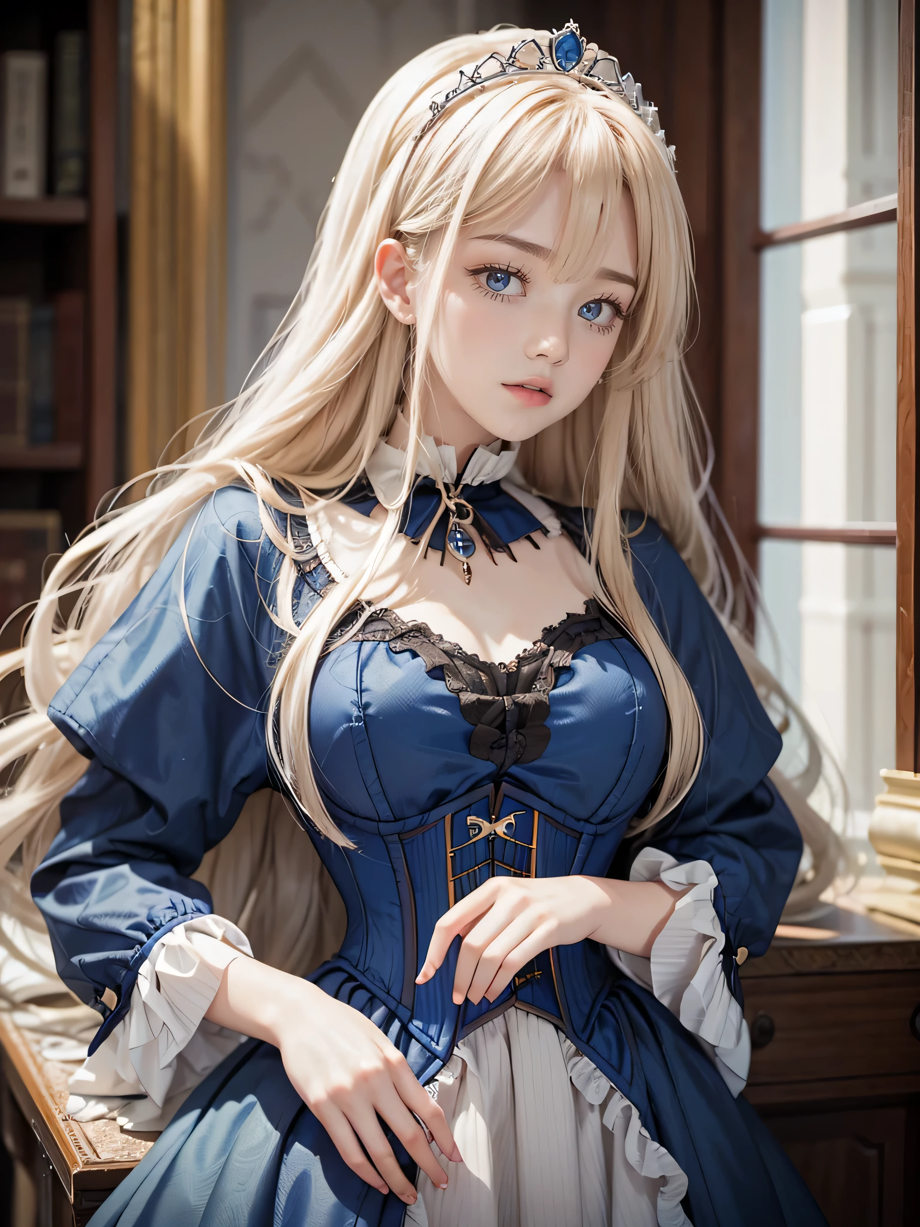 Raw Photography, High Resolution, Realistic, Masterpiece, , Solo, Full Body Shot, European Castle, looking outside an open window, Detailed cute and beautiful face, White shiny skin, (blunt blonde bangs:1.2), Blonde Super Long Straight Silky Hair, (finer hair:1.1), (Long Eyelashes:1.2) Cerulean Blue Eyes, Tiara, (looking at viewer:1.2), intricate hand details, perfect hands, good hands and fingers, (glossy red lips:1.2), (Blue victorian dress, corset, embroidery),