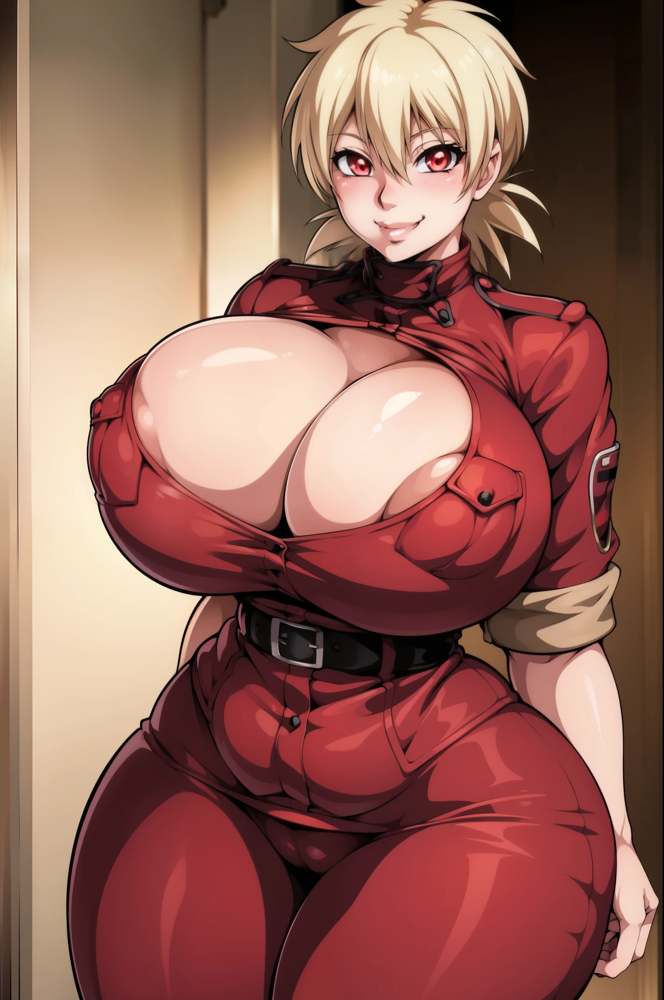 High resolution, Hellsing Ultimate art style, Seras Victoria, 1girl, ((bimbo))), short blond hair, red eyes, puffy lips, thick lips, wide hips, thick thighs, enormous round fake breast, huge ass, cute smile face, girlfriend, blushing, tight police uniform, breasts squeezed together, close up, 