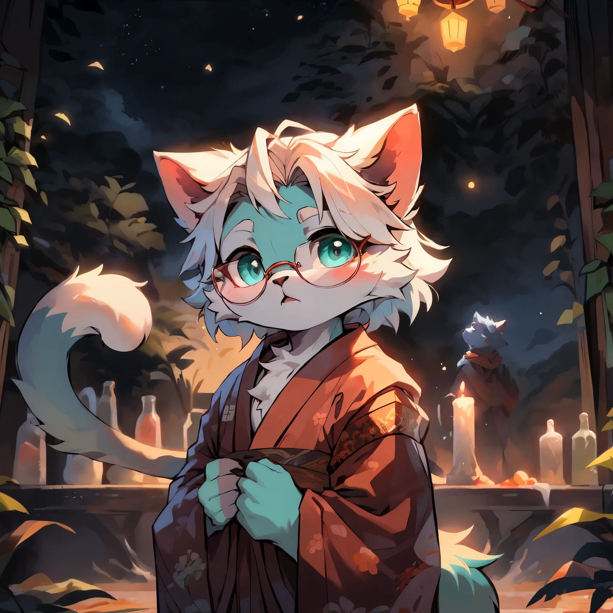 a portrait of a fully grown mature and aged male cat with big round circle glasses and a red scarf, The cat is very tall. bushy tail, and perked-up fluffy big ears, one ear is lowered. He wears a fluffy warm and cozy kimono, a handsome cat fursona with teal fur color, the chest has white fur, white fur around his mouth and cheeks, medium-length white hair, fluffy black cat ears, and a fluffy white neck. He is looking up at a colorful starry sky, and in the background an incredibly detailed background, detailed eyes
