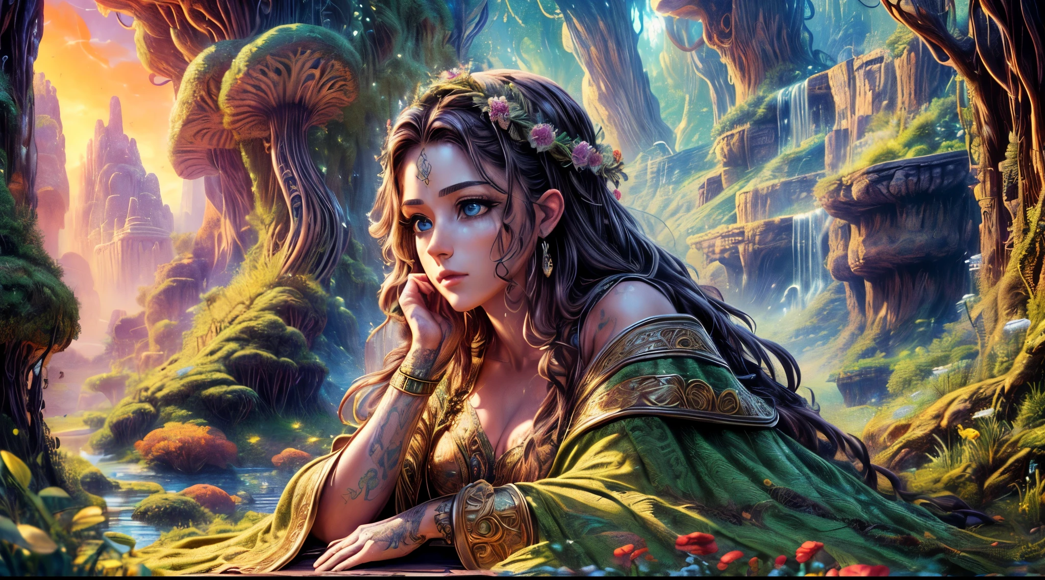 high details, Fantasy Poster, best quality, 8k, [ultra detailed], masterpiece, best quality, Photorealistic , dynamic angle, ultra wide shot, photorealistic, fantasy art, dnd art, rpg art, realistic art, an ultra wide picture of druid grove in a fantasy desert canyon and its druid warden observing all, a fantasy desert canyon (intricate details, Masterpiece, best quality: 1.5), (at sunset: 1.5), a stream of water (intricate details, Masterpiece, best quality: 1.5), waterfall (intricate details, Masterpiece, best quality: 1.5), human female druid, full body (intricate details, Masterpiece, best detailed: 1.5), exquisite beautiful woman druid (intricate details, Masterpiece, best detailed: 1.5), ultra detailed face (intricate details, Masterpiece, best detailed: 1.6), black hair, long hair, wavy hair (intricate details, Masterpiece, best quality: 1.5), dynamic eyes color, fair skin, wearing yellow cloak (intricate details, Masterpiece, best quality: 1.5), green robe (intricate details, Masterpiece, best quality: 1.5), cinematic light, pastoral atmosphere, divine light, gods rays, hyperrealistic, Photorealistic, 16k, RAW, award winning, [ultra detailed], masterpiece, best quality, (ultra detailed), full body, ultra wide shot, photorealistic,