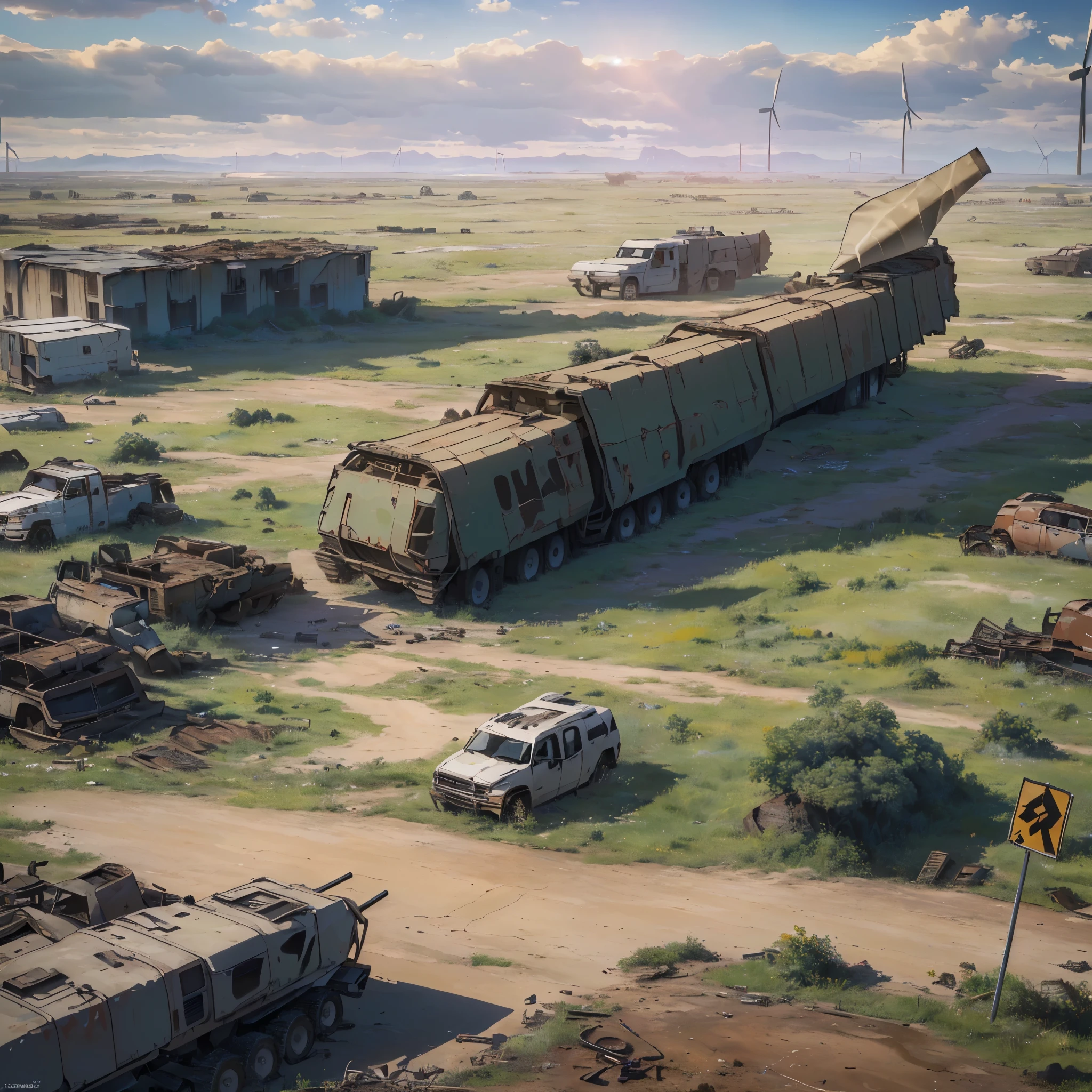 (Best quality, 8k, 32k, Masterpiece, UHD: 1.2, ray tracing: 1.2, real: 1.2), (side: 1.5), a huge junkyard of military vehicles in the distance and a savannah in the background, (Prairie, Long Range, wind:1.5), road works sign in the background, blue sky, white clouds, (((post apocalyptic wasteland)))