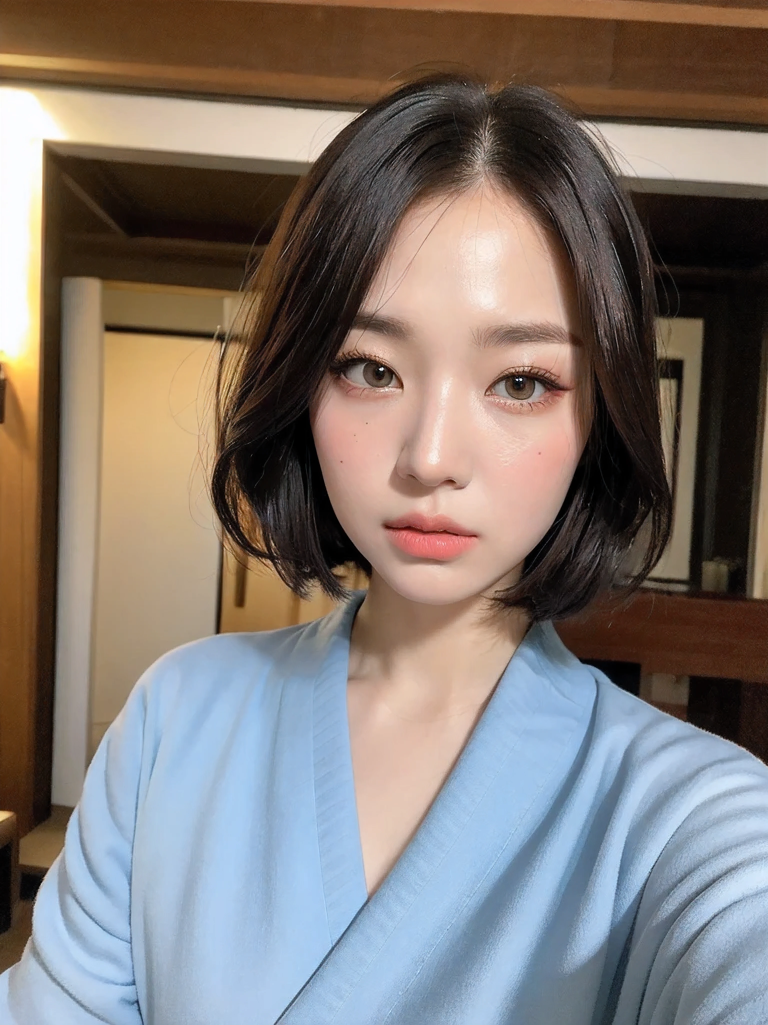 Female、White drool from the mouth、Short Hair Outdoor Fair Skin Disheveled Hair Super Cute、Soft and face、black hair、8K resolution、Super realistic、Super fine、 Soft body toned ass night、((Highest Definition、8k、masterpiece:1.3))、Super fineな顔、Super fineな唇、Fine eyes、double eyelid、kimono:1.1