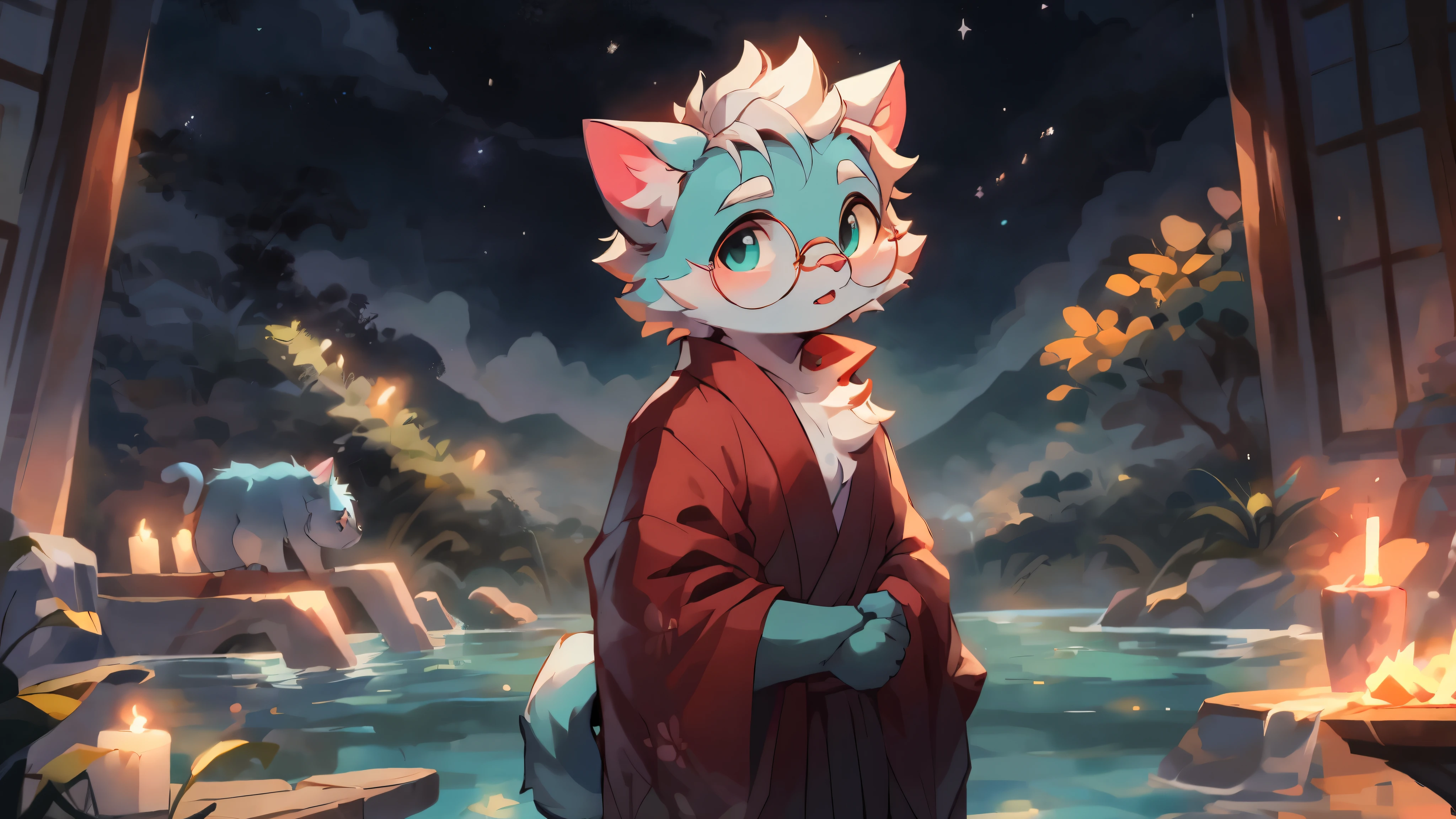 a portrait of a old, fully grown mature and aged male cat with big round circle glasses and a red scarf, The cat is very tall. bushy tail, and perked-up fluffy big ears, one ear is lowered. He is fully clothed, he wears a fluffy warm and cozy kimono, a handsome cat fursona with teal fur color, the chest has white fur, white fur around his mouth and cheeks, medium-length white hair, fluffy black cat ears, and a fluffy white neck. He is standinf on water, He is looking up at the colorful starry sky, and in the background an incredibly detailed background, detailed eyes