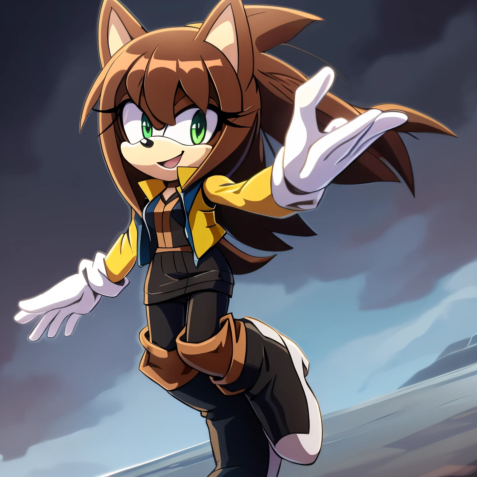 Female, Mobian, one hand on hip, (((2D Anime Style))), (solo), (1girl), high quality digital art, red and black neon lines sketch art, black cloudy background, a brown furred female anthropomorphic hedgehog from Sonic the hedgehog who has green eyes, smiling, long lower back length hair, hair bangs, long sleeve black dress with yellow stripes, yellow waistband, black pants, knee high high heeled boots, white gloves, ((Fusion Vest)), wispy lines, smoky