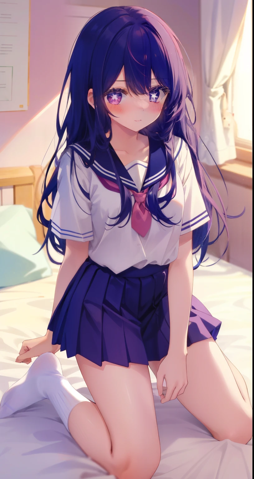A girl（（There is a five-pointed star in the eye））A girl with long purple hair，（（（Blush）））JK school uniform，short skirt，kneeling，Beds，white socks,
