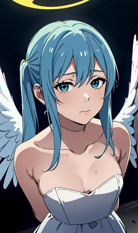 getting fucked at a grolyhole, sucking cock, nsfw, masterpiece, best quality, hatsune miku, white gown, angel, angel wings, golden halo, dark background, upper body, (closed mouth:1.2), looking at viewer, arms behind back, blue theme, stars, starry night, 