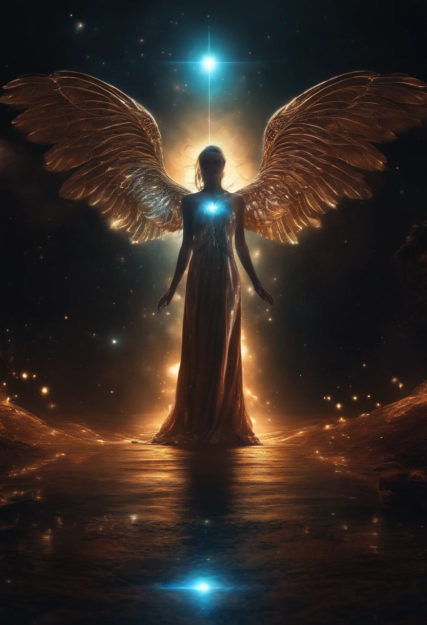 cosmic angel, shining eyes of light, biomechanical, Creepy, Spooky, nightmarish, very bright colors, light particles, light shines, Musif, wallpaper art, uhd wallpaper