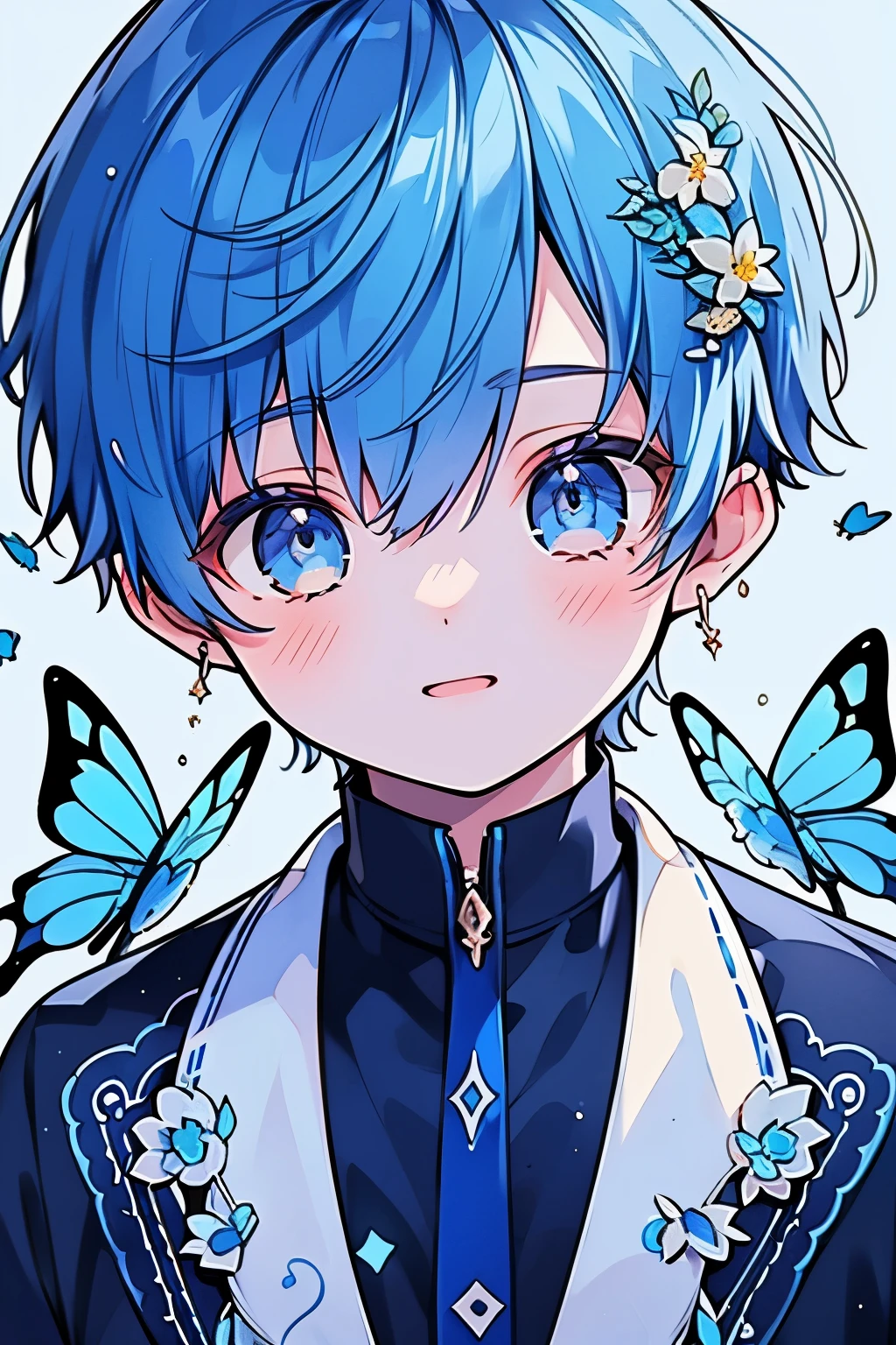(pieces fly), (highest quality), very detailed, 1 boy, solo focus，perfect face, beautiful face, highly detailed face，(blue hair:1.3)，(shining blue eyes:1.3)，flower，butterfly々，flowerびら，Backlight，laughter