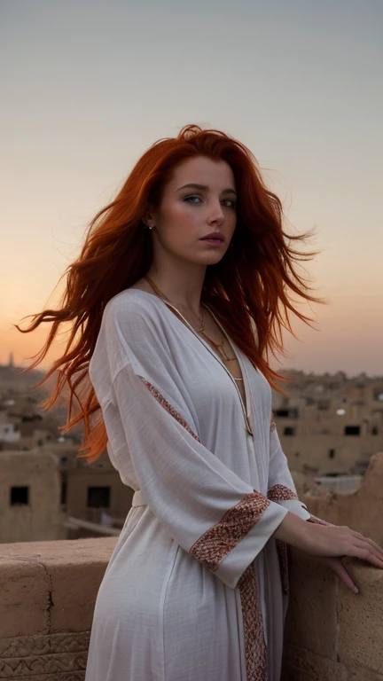 a photograph of a redhead woman with windswept tresses, her hair entangled like flames against a twilight sky, wearing a kaftan in Fes, emanating untamed beauty