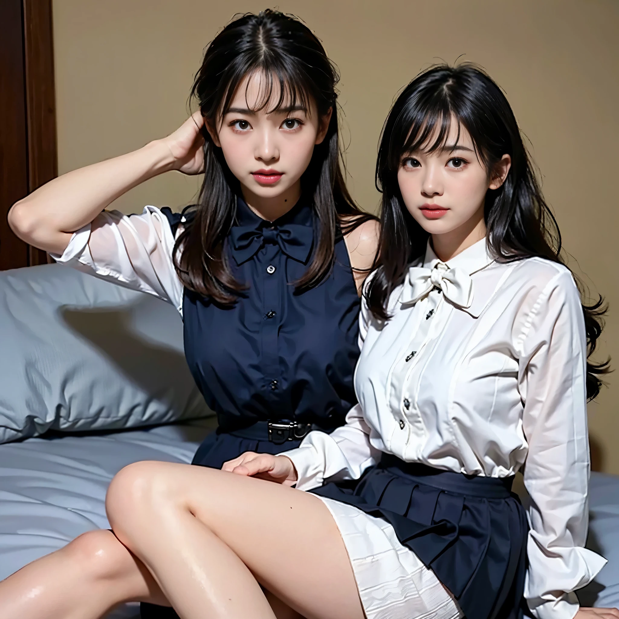 8K quality,(Photoreal: 1.4), (Hyperrealistic: 1.4), (lifelike: 1.3), (Smooth lighting: 1.05), (Improved Cinematic Lighting: 0.9), 32K, (In a dimly lit room),(There is only one character in the picture),(The entire character is in the middle of the screen),light grin,(1 Japanese woman), Age 22 years old,Realistic lighting, Backlight, Face Lights, Ray tracing, (Bright light: 1.2), (Quality improvement: 1.4), ( Top quality realistic texture skin: 1.4), Fine Detailed Eyes, Detailed face, Fine quality eye, Dark brown eyes, Feeling a little shy,(Wear round glasseeel optimistic and sunny(medium to large round),(Tired, Sleepy and Satisfied: 0.0), Pale light, White blouse, Bow tie, Navy blue skirt, Silk white ankle socks,(Not wearing anything),The edges roll up and wear out, Sit quietly on the bed