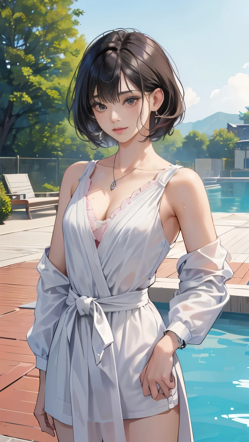 pureerosface_v1, best quality, realistic, 8k, high resolution, 1 girl, woman, (skin dents), (portrait: 0.6), gorgeous, dynamic pose, ((poolside background: 1.6)), coconut tree, ((medium round chest, white turtleneck sweater: 1.4)), looking directly at the audience: 1.8, (1 girl looking into the eyes, medium length hair, brown hair, parted bangs: 1.65), (bokeh), smile: 1.2, (Shut up: 1.16), black stockings