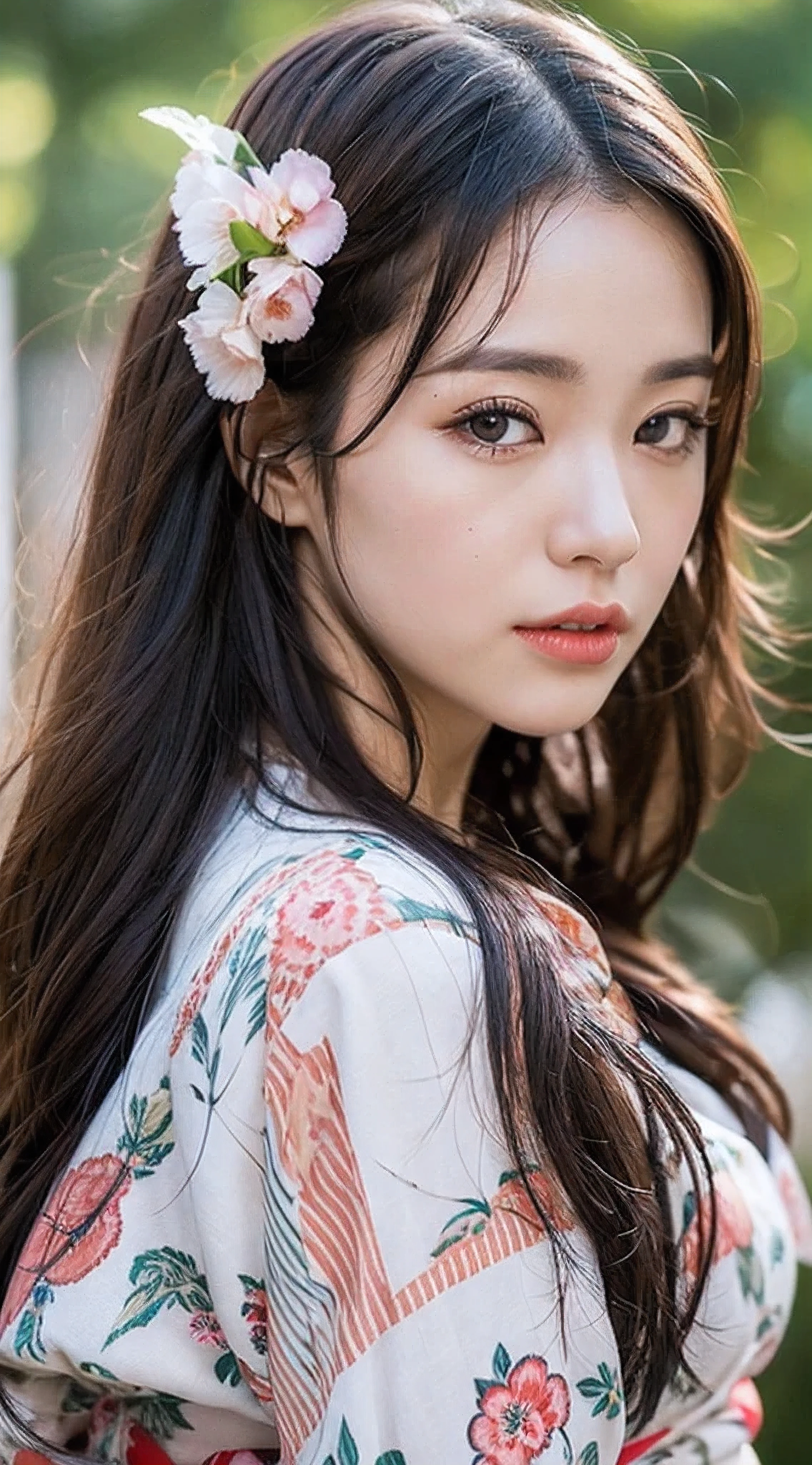 Female、White drool from the mouth、Long Hair Outdoor Fair Skin Disheveled Hair Super Cute、Soft and face、black hair、8K resolution、Super realistic、Super fine、 Soft body toned ass night、((Highest Definition、8k、masterpiece:1.3))、Super fineな顔、Super fineな唇、Fine eyes、double eyelid、kimono:1.1