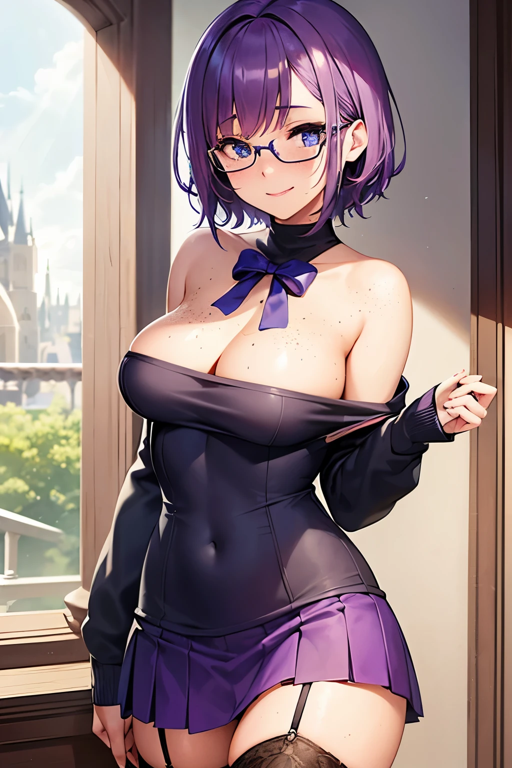 beautiful teenage girl, medium breasts, cleavage, thin body, very short hair, purple hair, blue eyes ((freckles 1.5)), seductive, smiling, blushing, off shoulder sweater, micro pleated skirt, thigh high socks, garter straps, schoolgirl shoes, thin frame eyeglasses, detailed background, light rays, castle interior, Hogwarts, Hufflepuff student