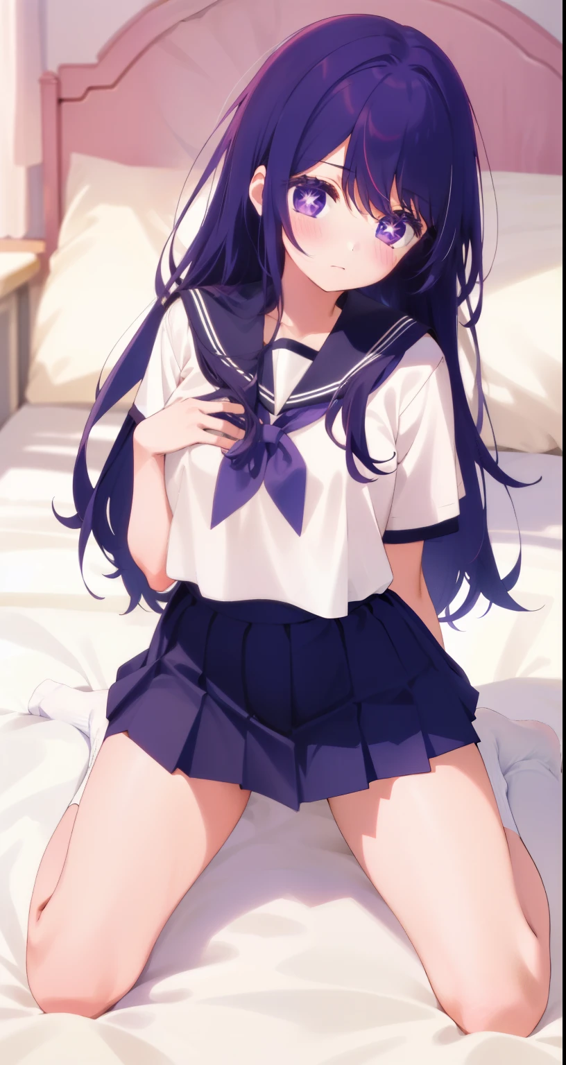 A girl((There is a five-pointed star in the eye))A girl with long purple hair,big chest(((Blush)))JK school uniform,short skirt,kneeling,Beds,white socks, thick legs, thigh thick