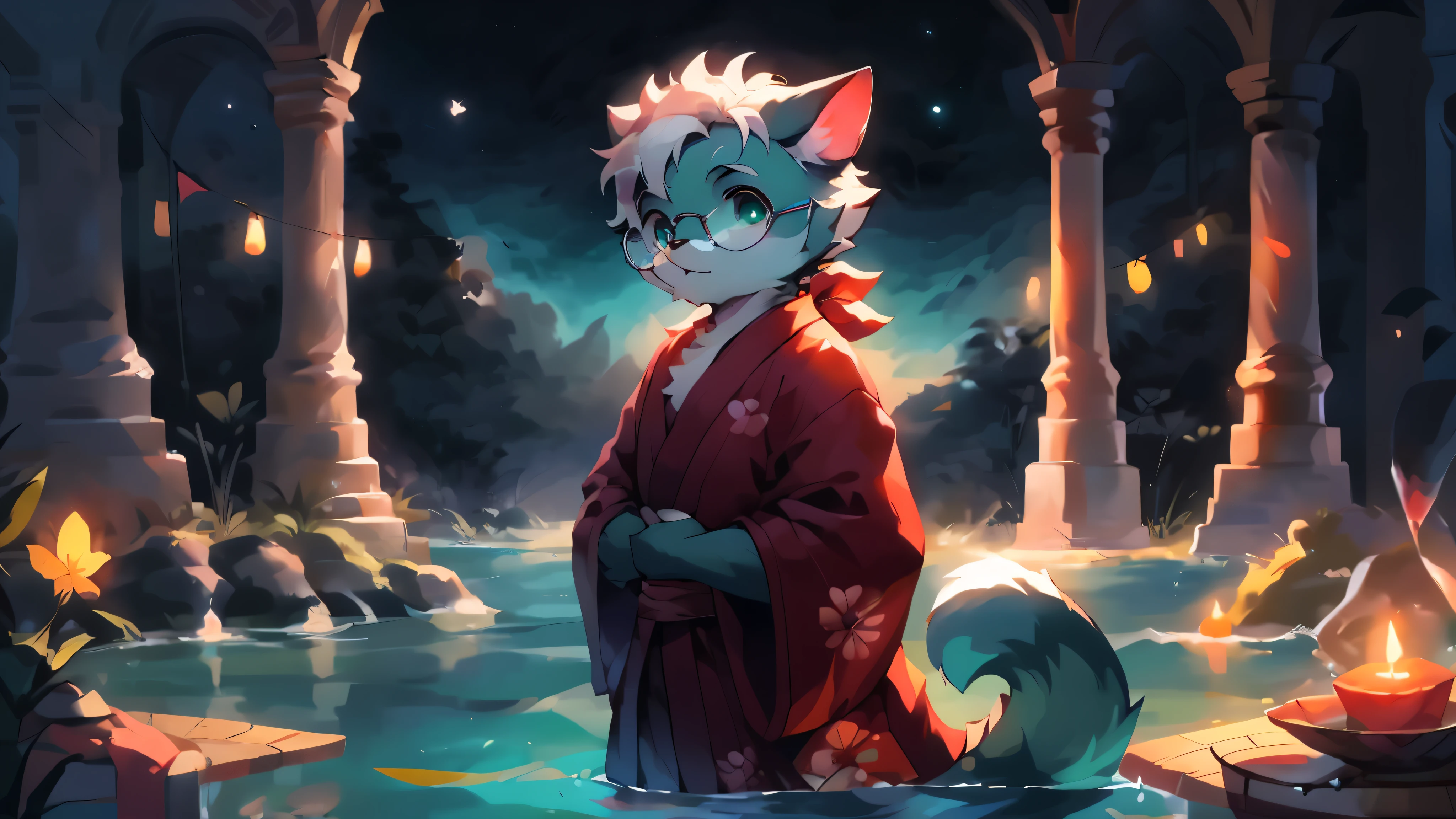 a portrait of a old, fully grown mature and aged male cat with big round circle glasses and a red scarf, The cat is very tall. bushy tail, and perked-up fluffy big ears, one ear is lowered. He is fully clothed, he wears a fluffy warm and cozy kimono, a handsome cat fursona with teal fur color, the chest has white fur, white fur around his mouth and cheeks, medium-length white hair, fluffy black cat ears, and a fluffy white neck. He is standinf on water, He is looking up at the colorful starry sky, and in the background an incredibly detailed background, detailed eyes