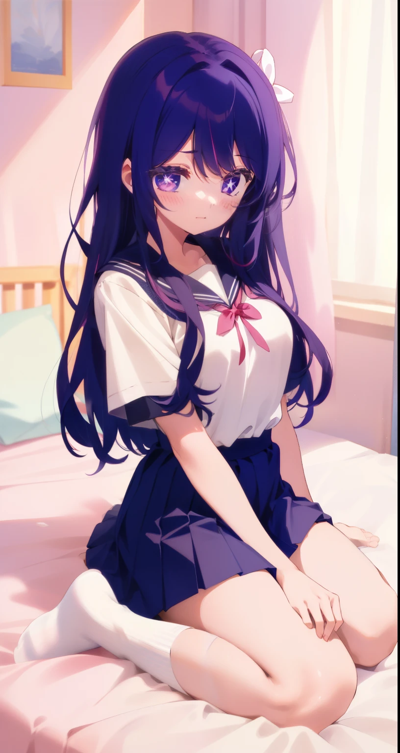 A girl((There is a five-pointed star in the eye))A girl with long purple hair,big chest(((Blush)))JK school uniform,short skirt,kneeling,Beds,white socks, thick legs, thigh thick